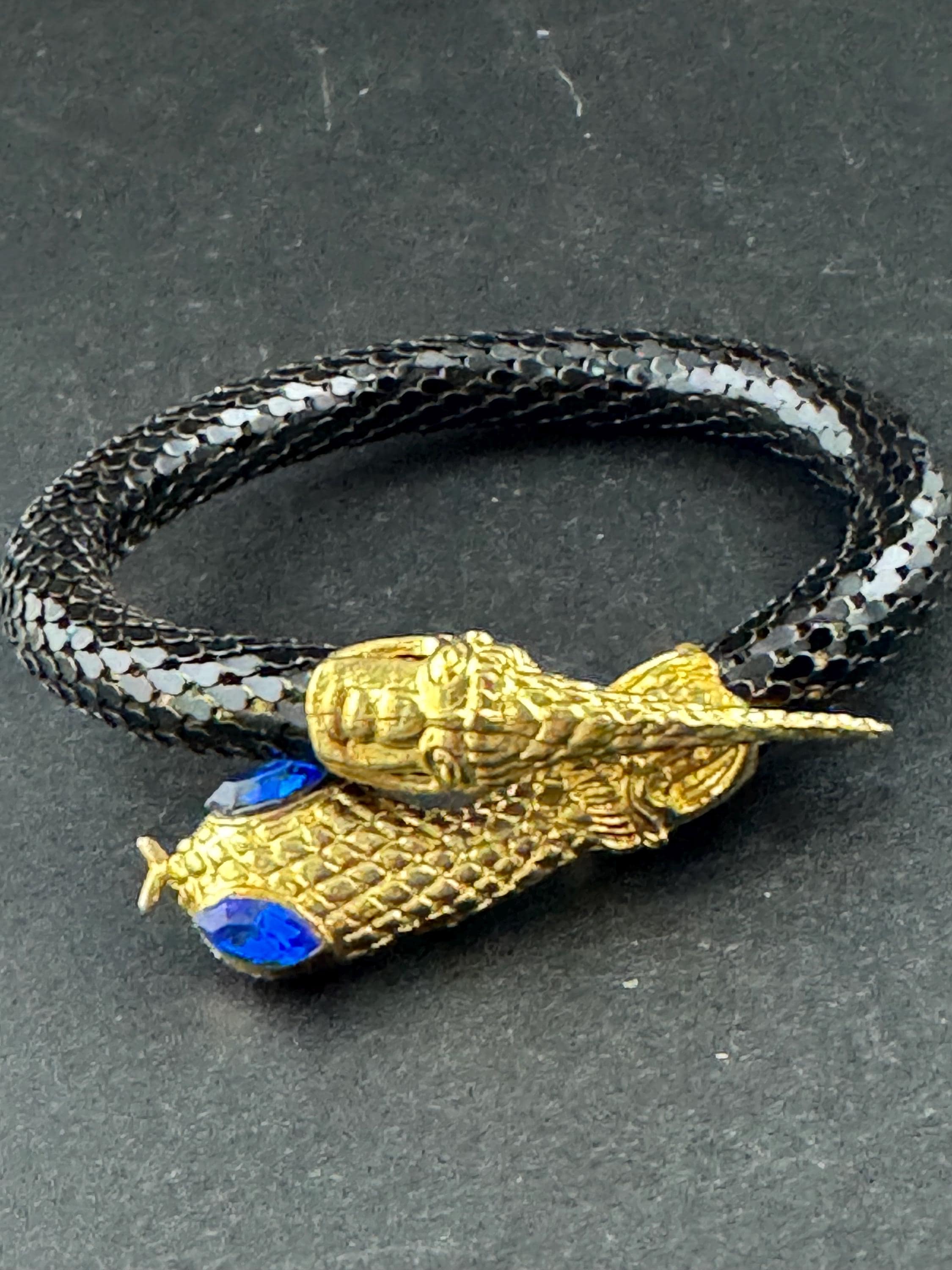Black mesh Snake bangle, Vintage with sapphire blue eyes