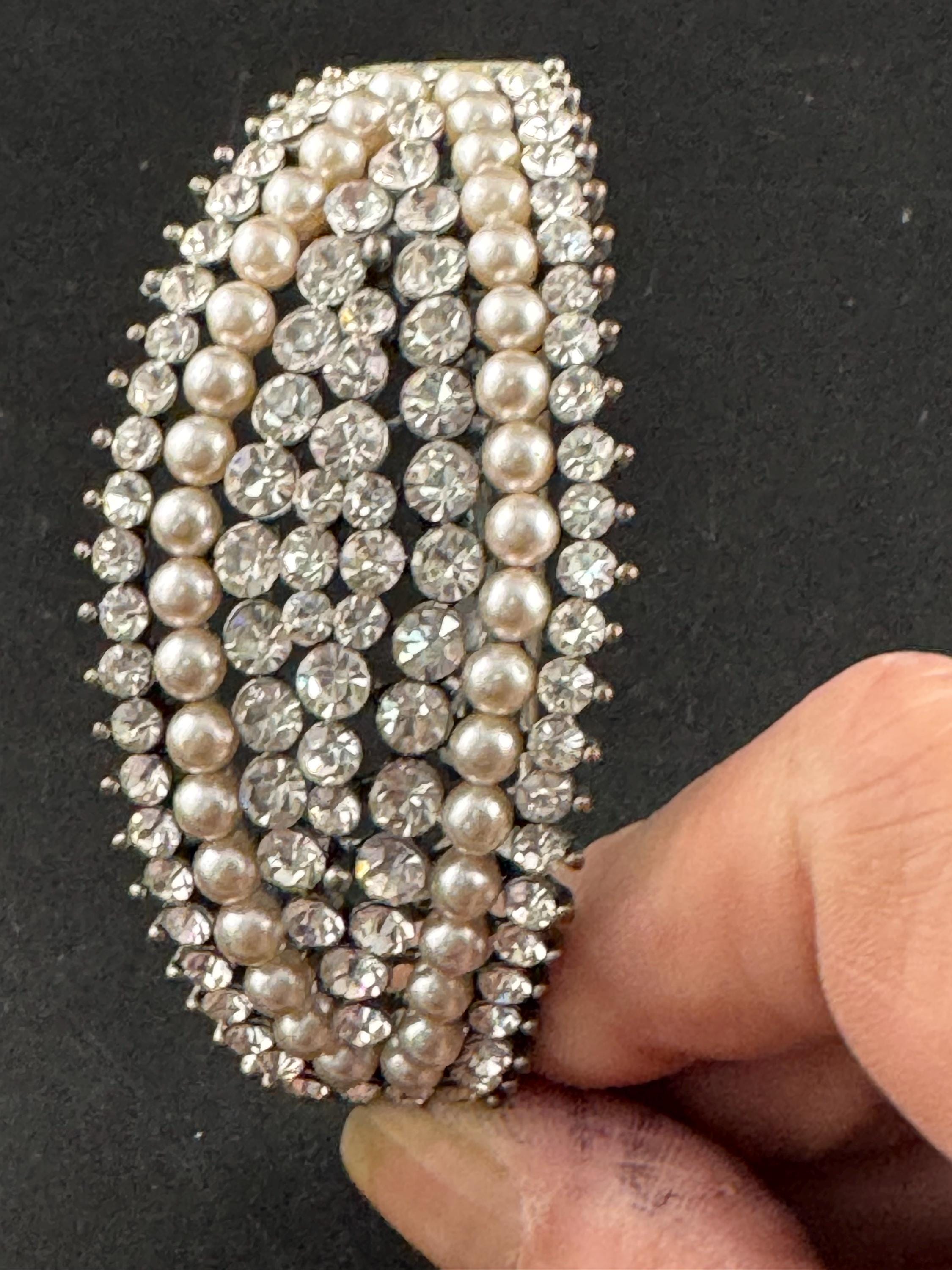 Pearl and diamanté hinged clamper bangle, Vintage wide chunky silver tone