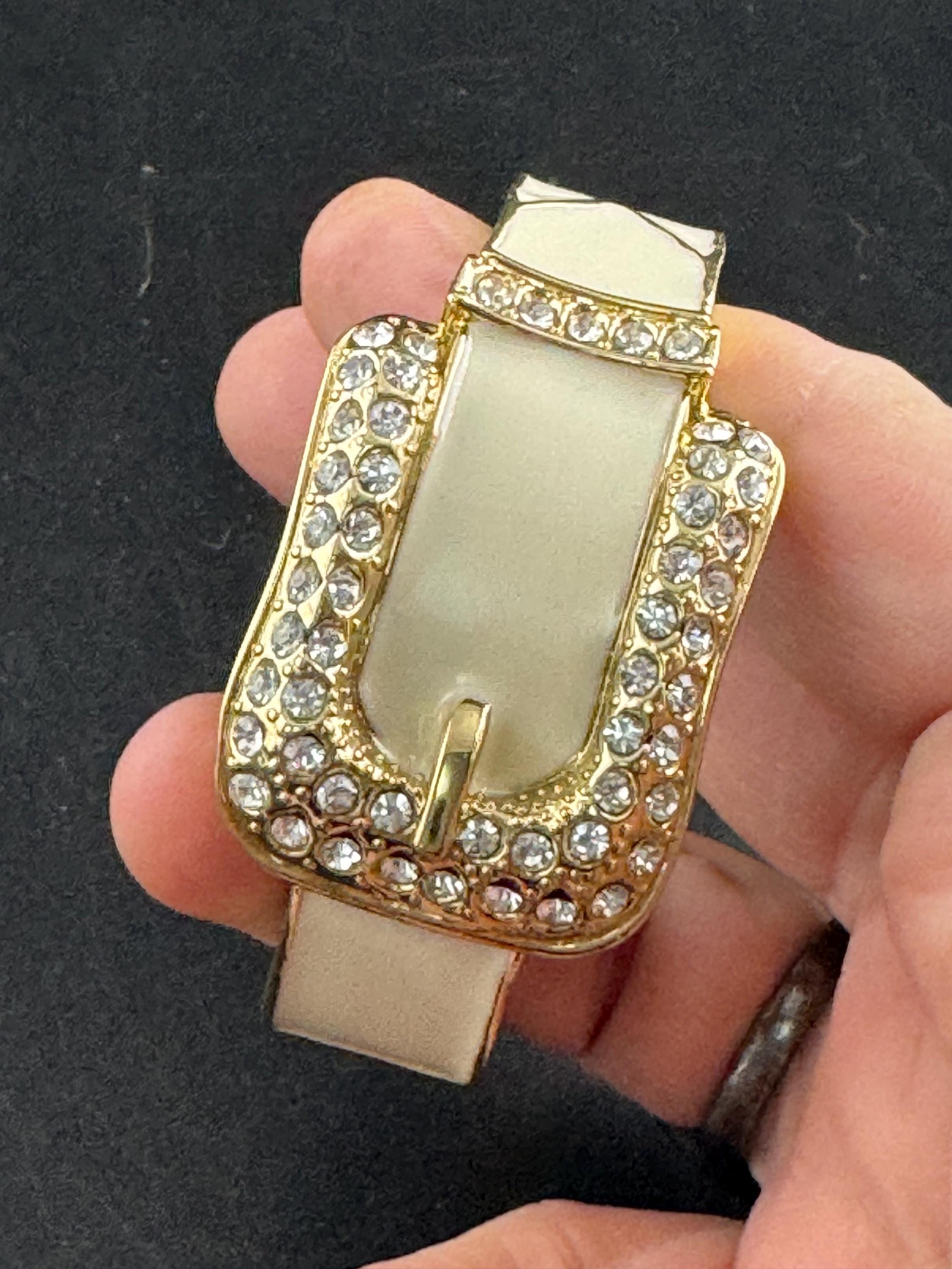 Cream belt buckle Bangle, gold tone diamanté enamelled clamper