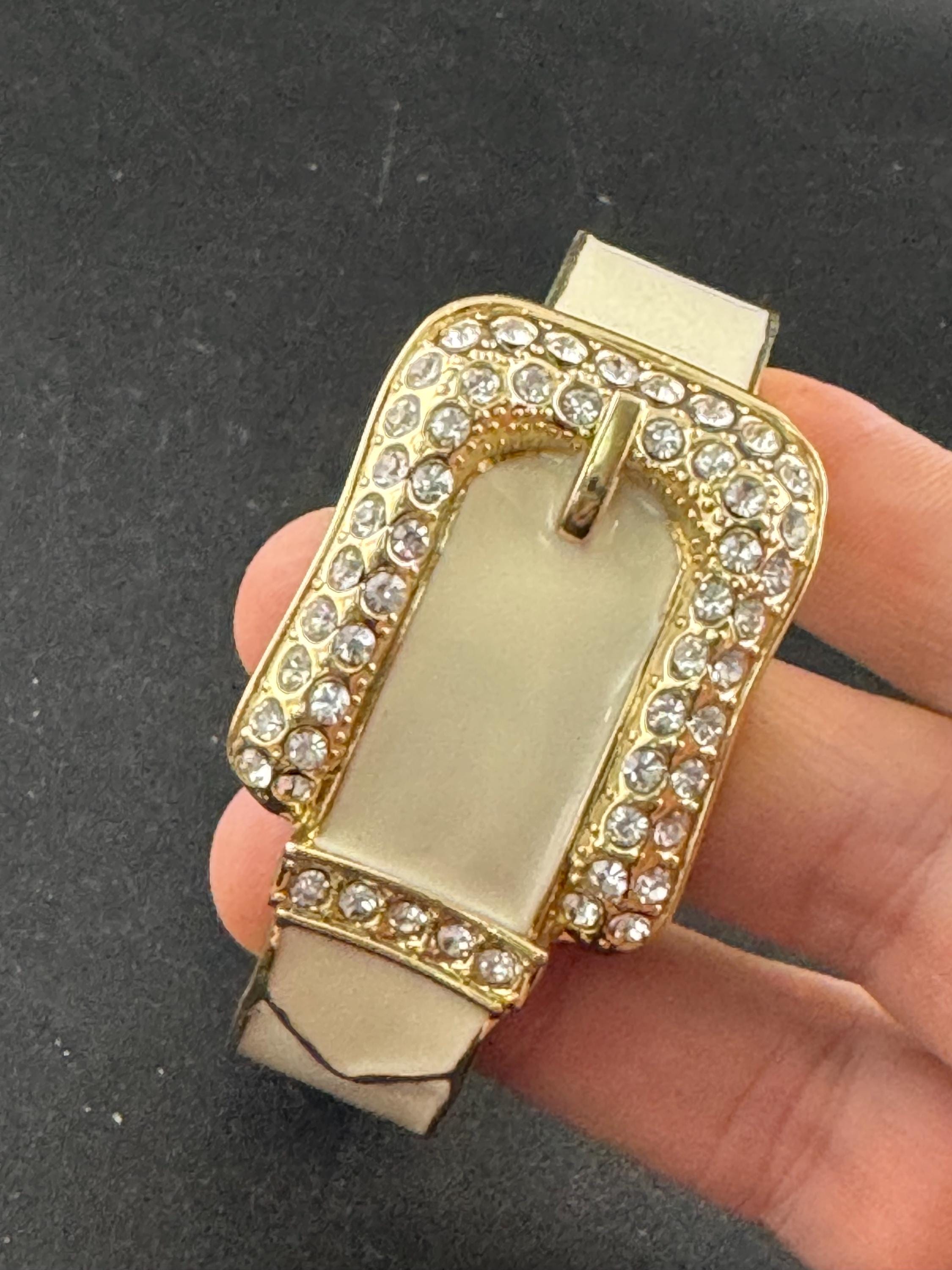 Cream belt buckle Bangle, gold tone diamanté enamelled clamper