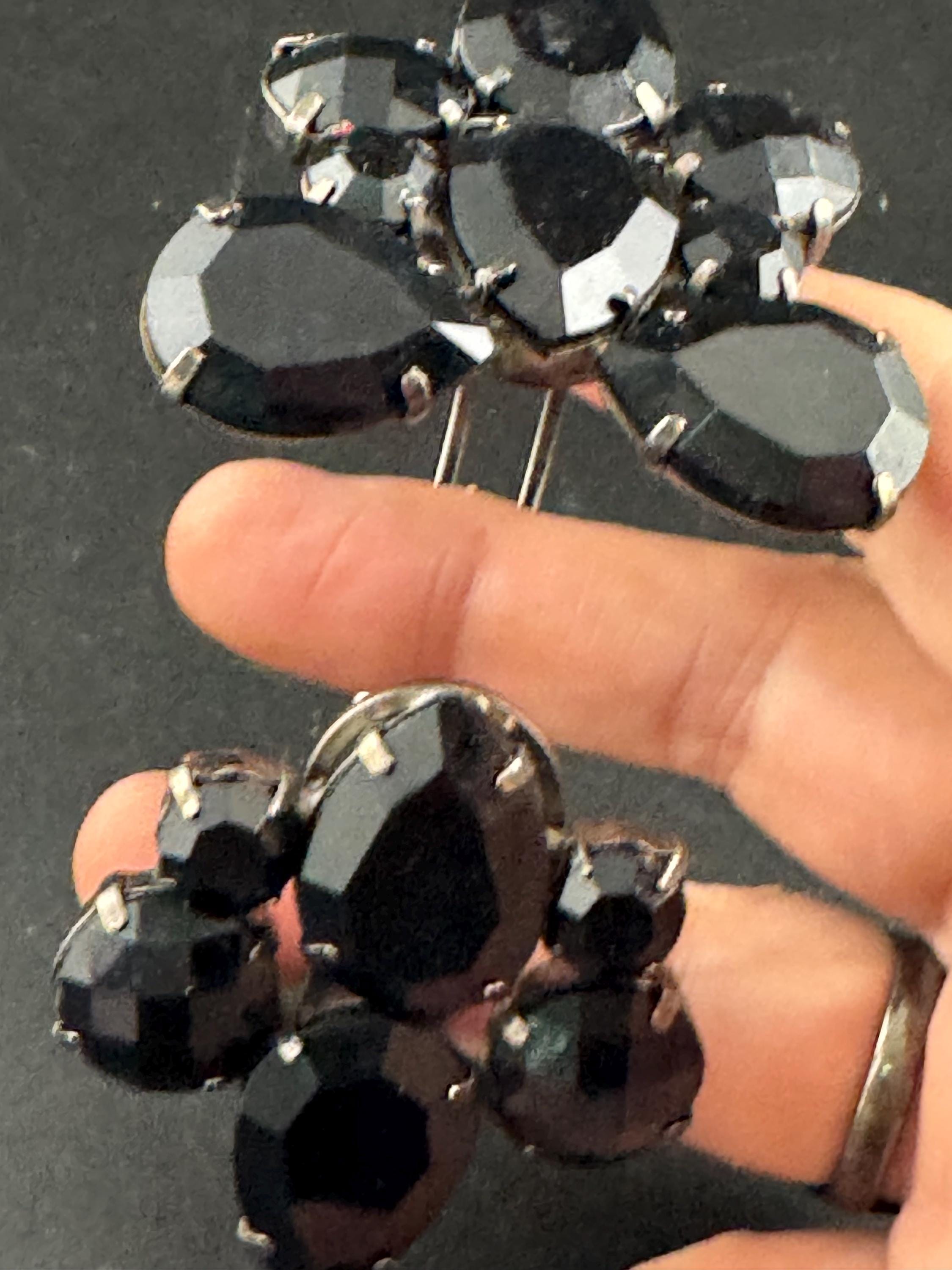 Black rhinestone clamper bangle, Vintage acrylic crystals diamanté dark silver bracelet