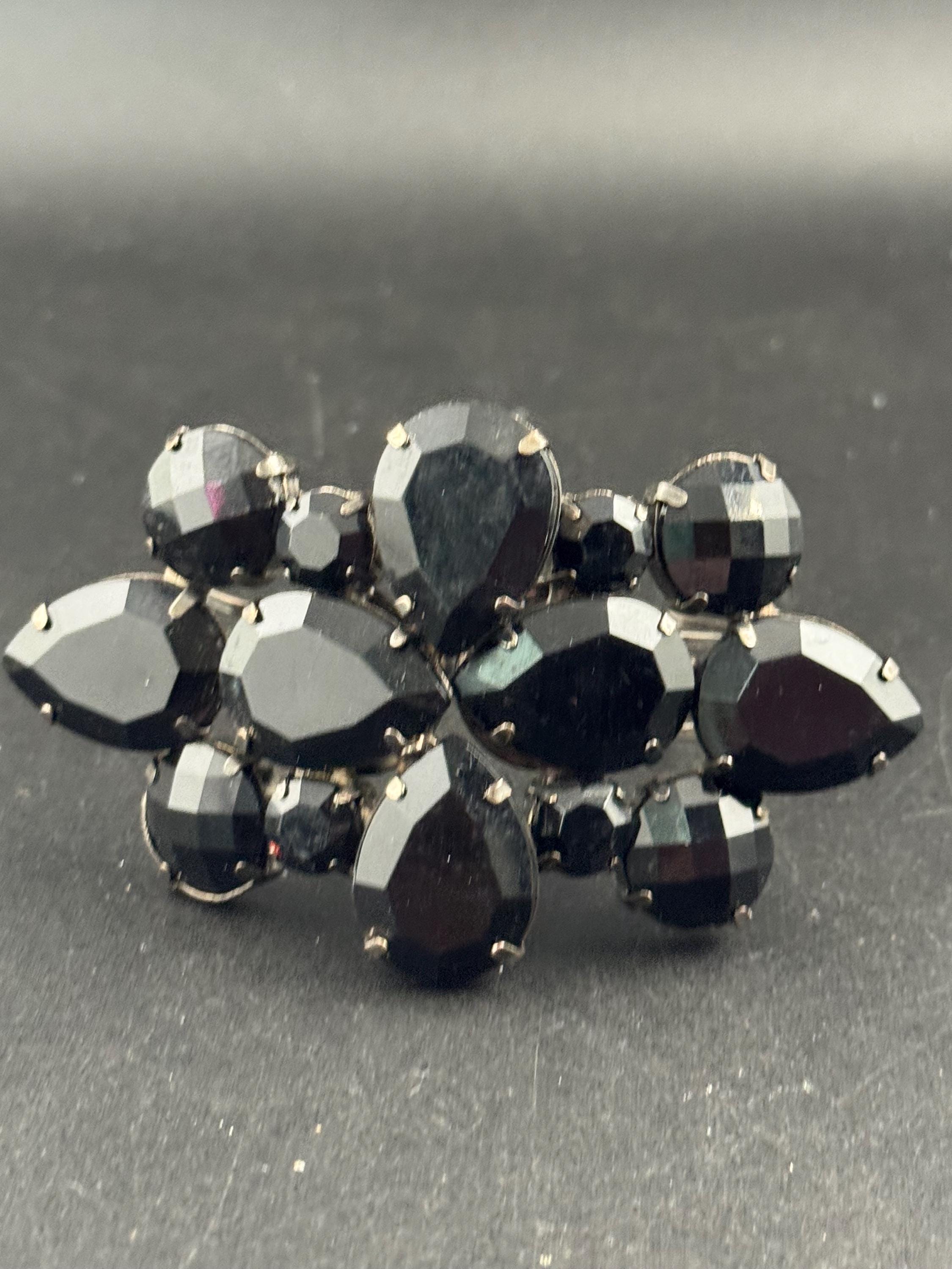 Black rhinestone clamper bangle, Vintage acrylic crystals diamanté dark silver bracelet