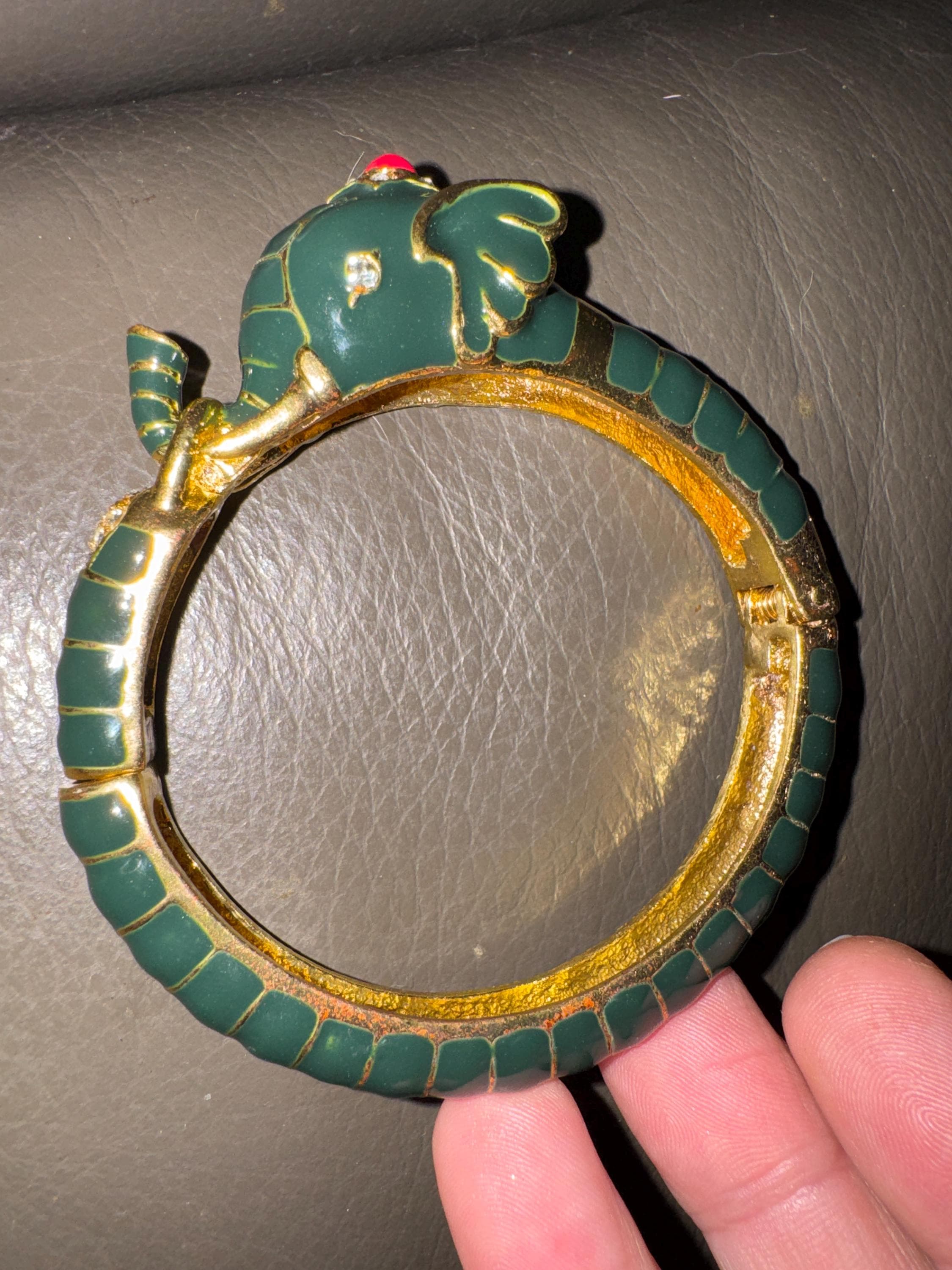 Green Enamel Elephant Bangle, gold tone clamper bracelet