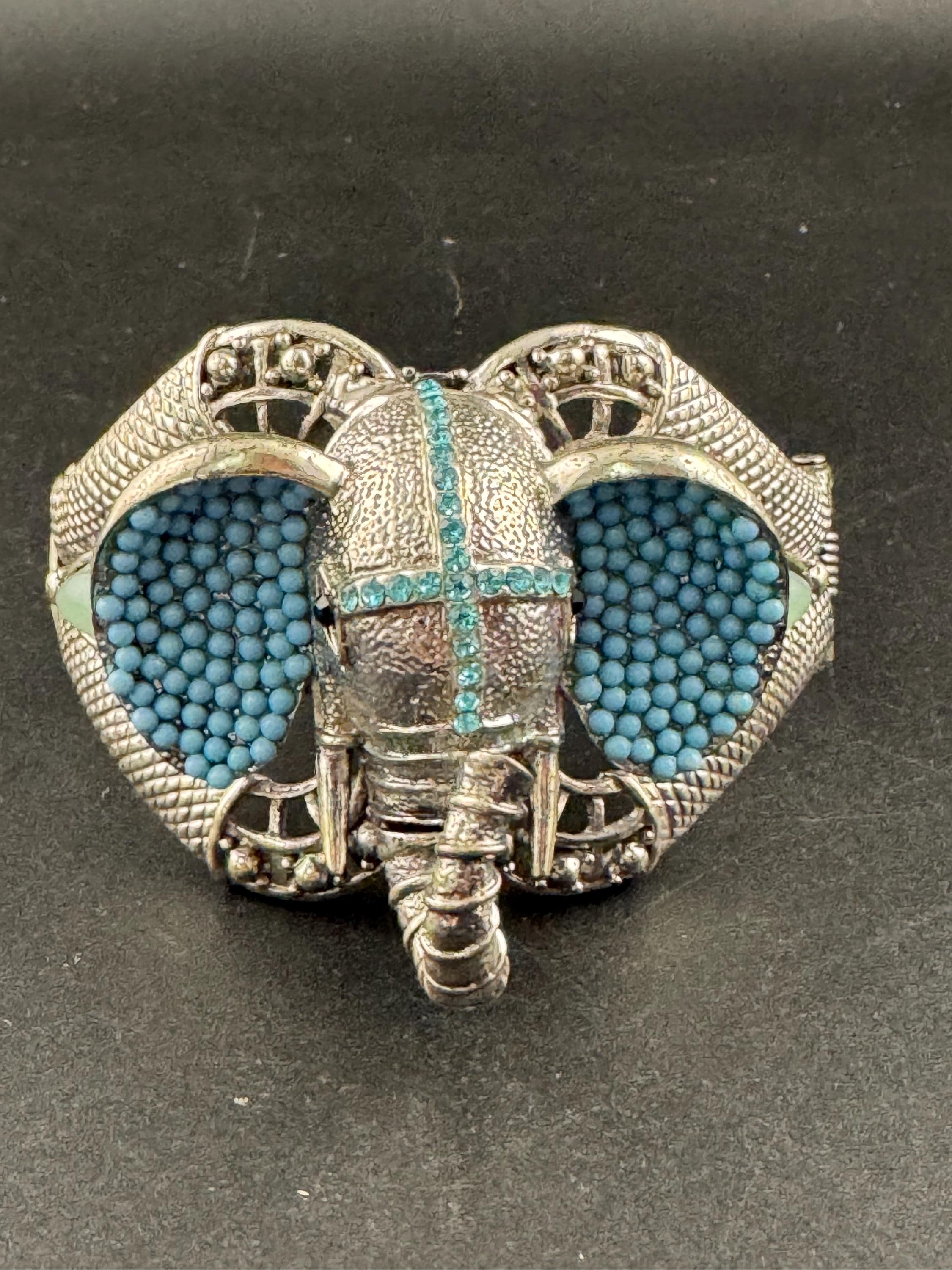 Turquoise beaded Elephant Bangle, oversized clamper bracelet