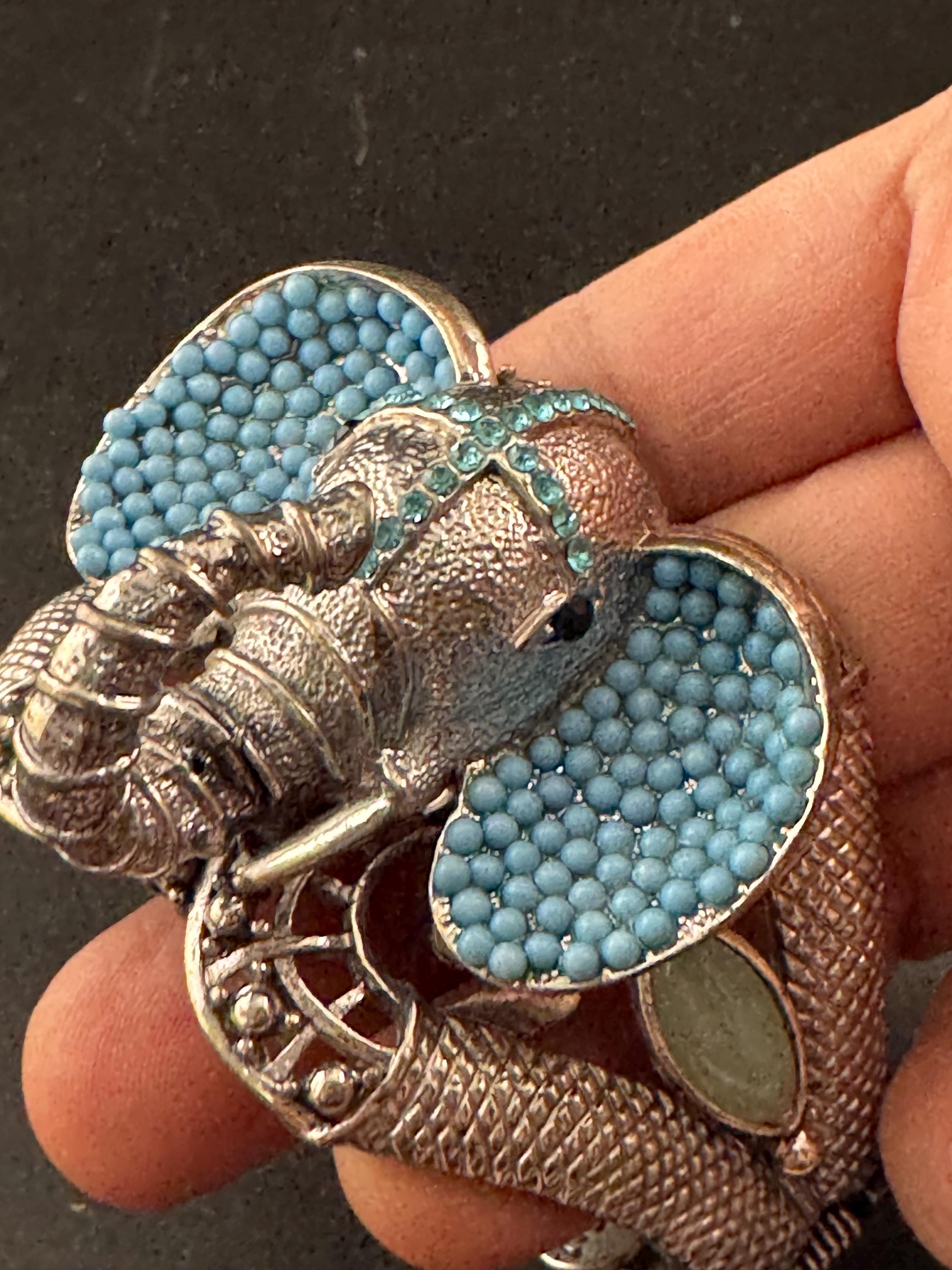 Turquoise beaded Elephant Bangle, oversized clamper bracelet