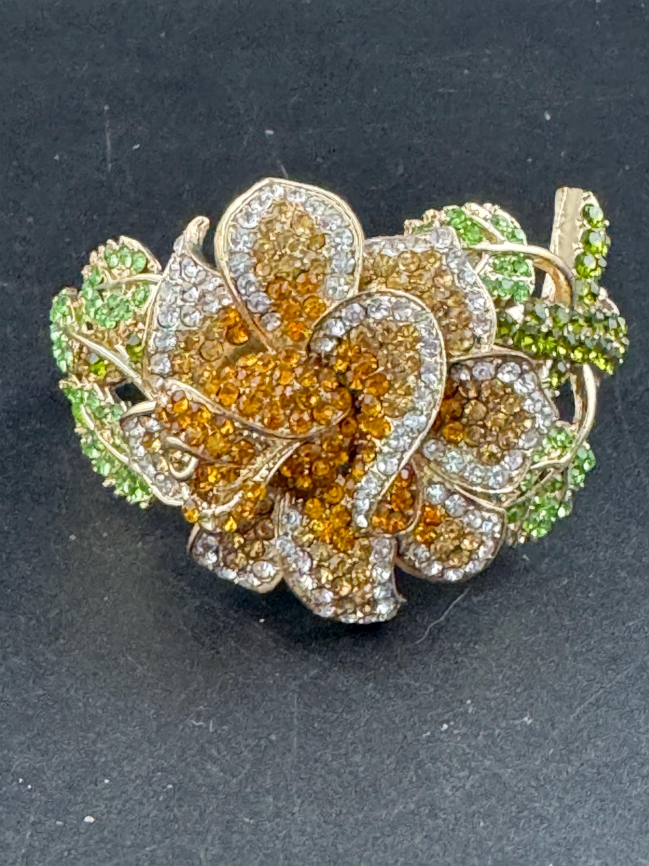 Floral diamanté Clamper Bangle, brown green crystal gold tone rhinestone Bracelet.