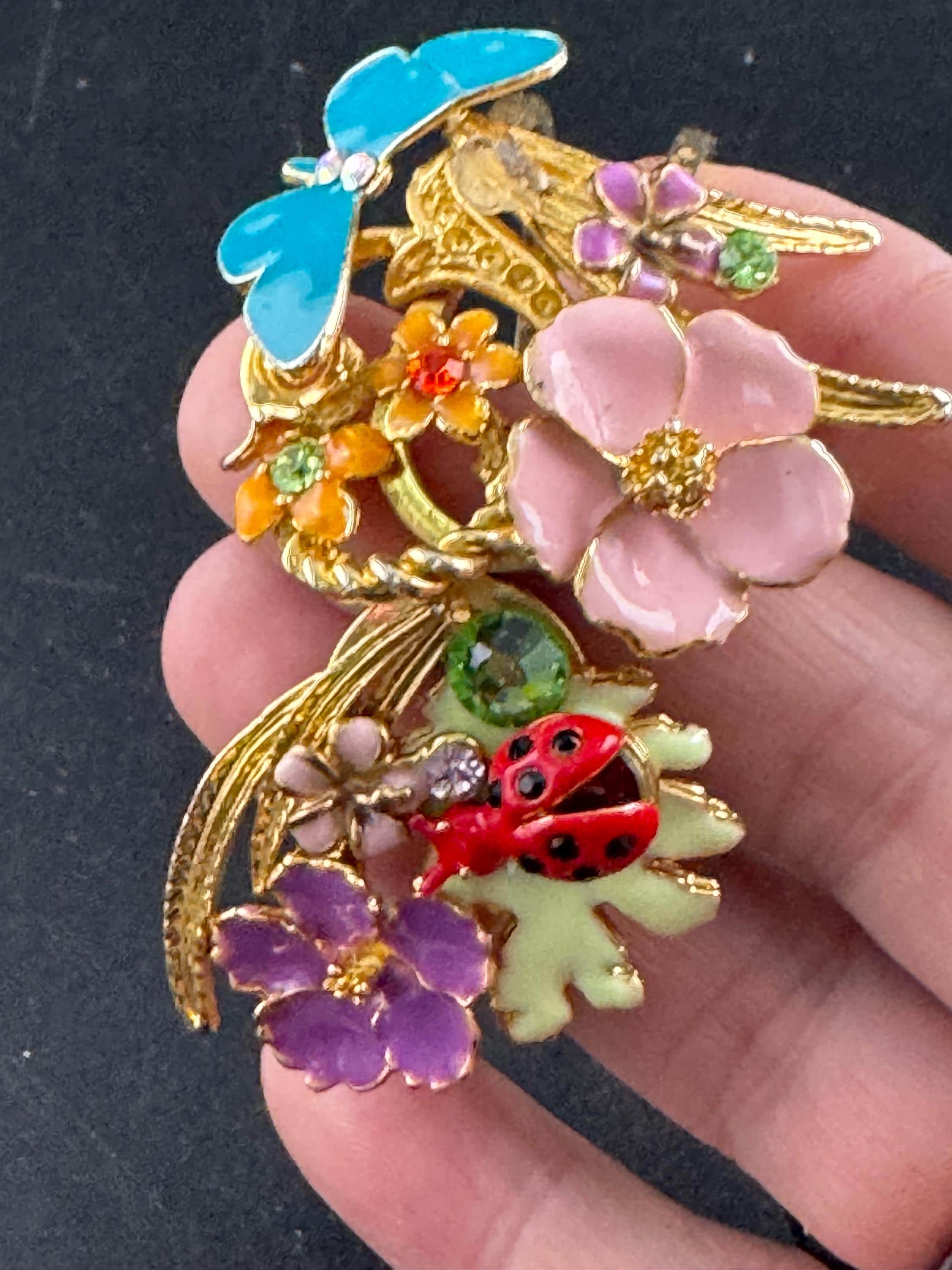 Whimsical enamel Clamper Bangle, blue pink crystal ladybird butterfly bracelet