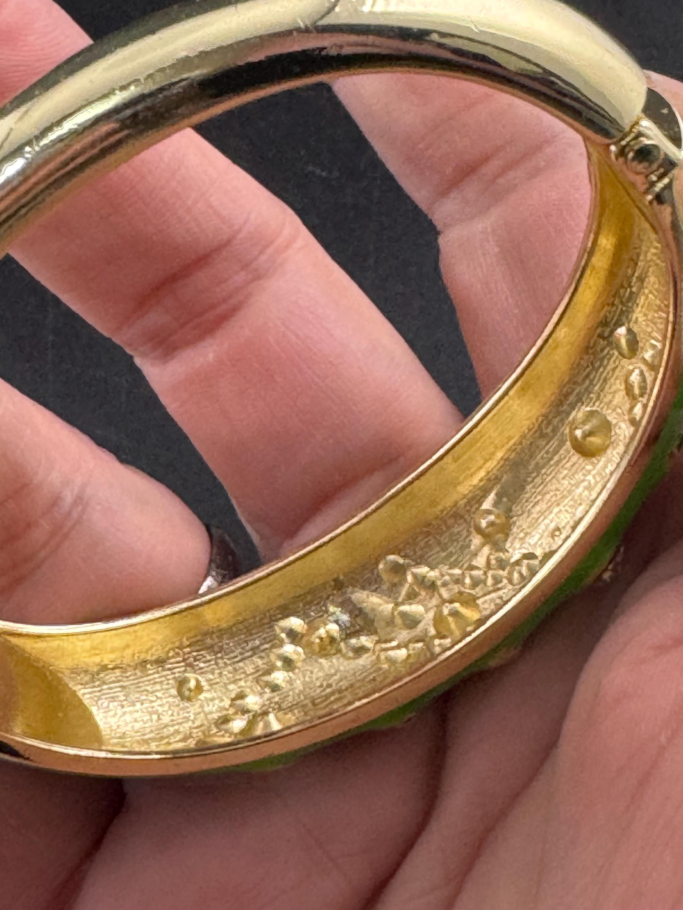 Bright green enamel Clamper Bangle, gold rhinestone Bracelet.