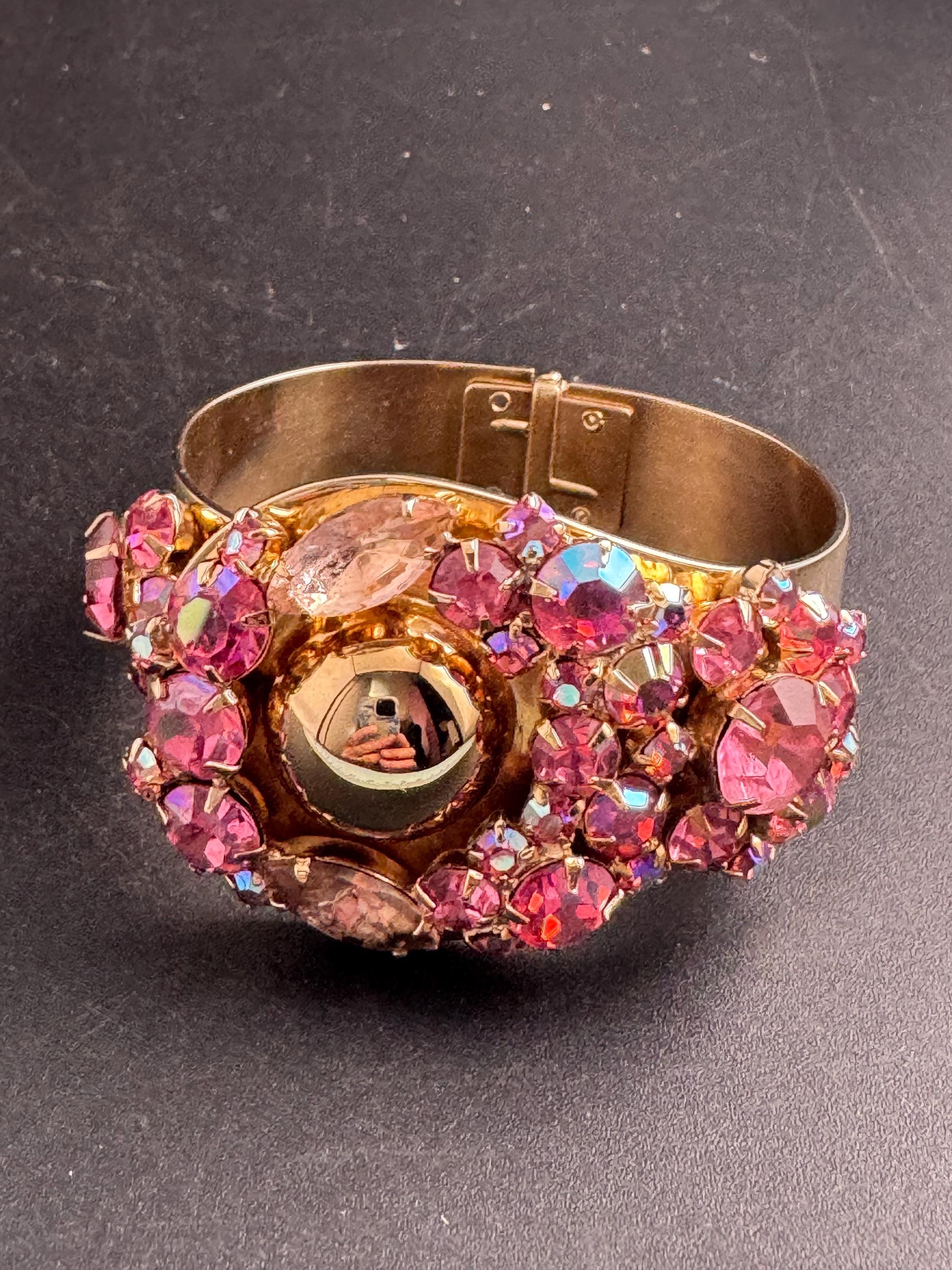 pink rhinestone clamper bangle, Vintage glass crystals diamanté warm gold bracelet