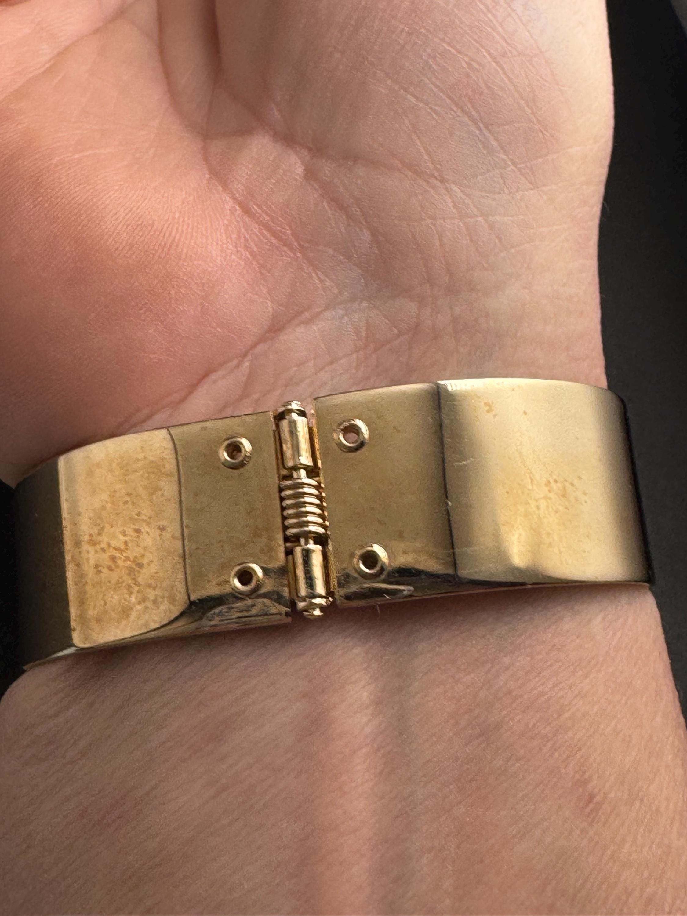 pink rhinestone clamper bangle, Vintage glass crystals diamanté warm gold bracelet