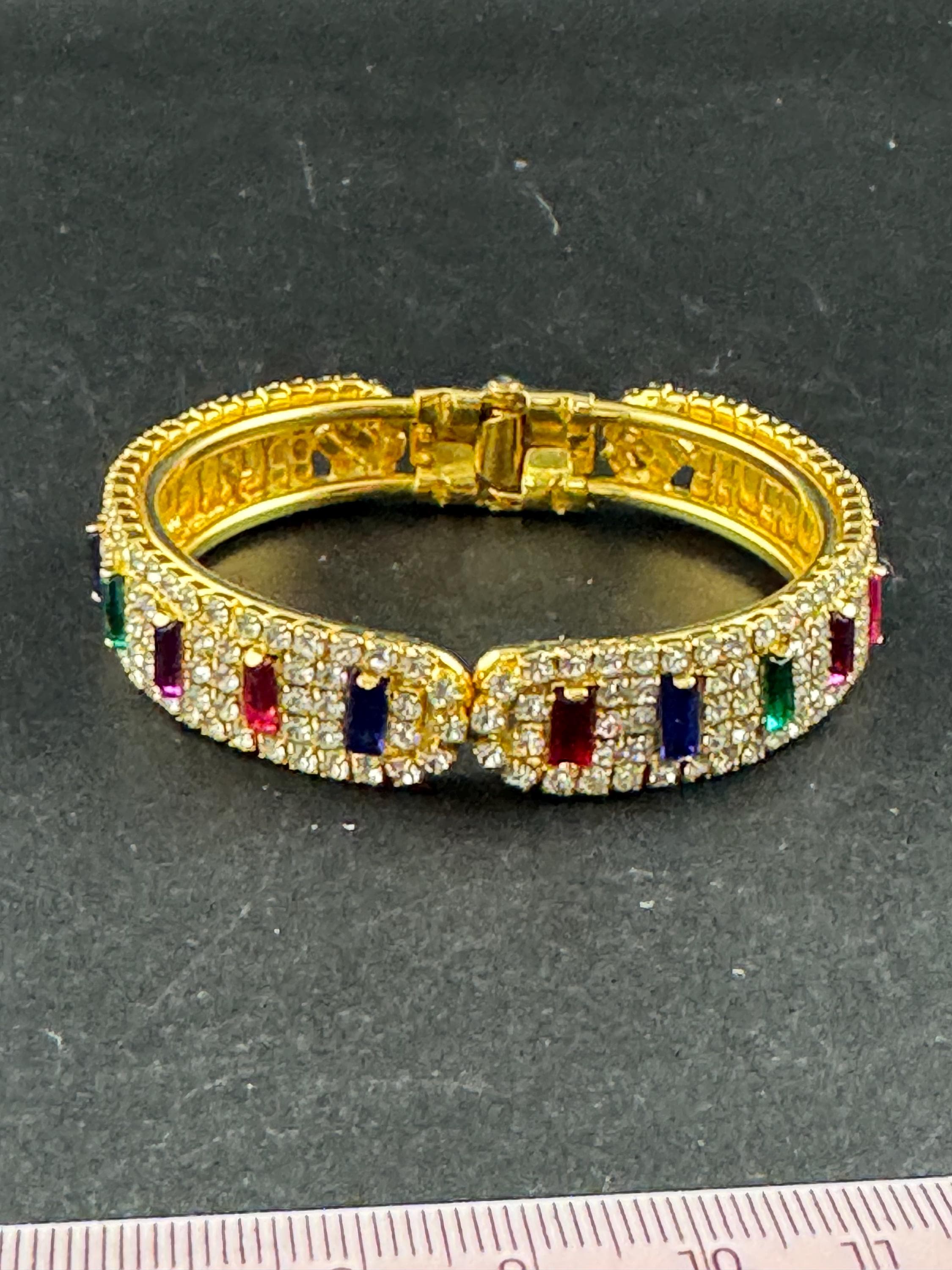 Rainbow diamanté crystal hinged clamper bangle, rhinestone bracelet red blue green