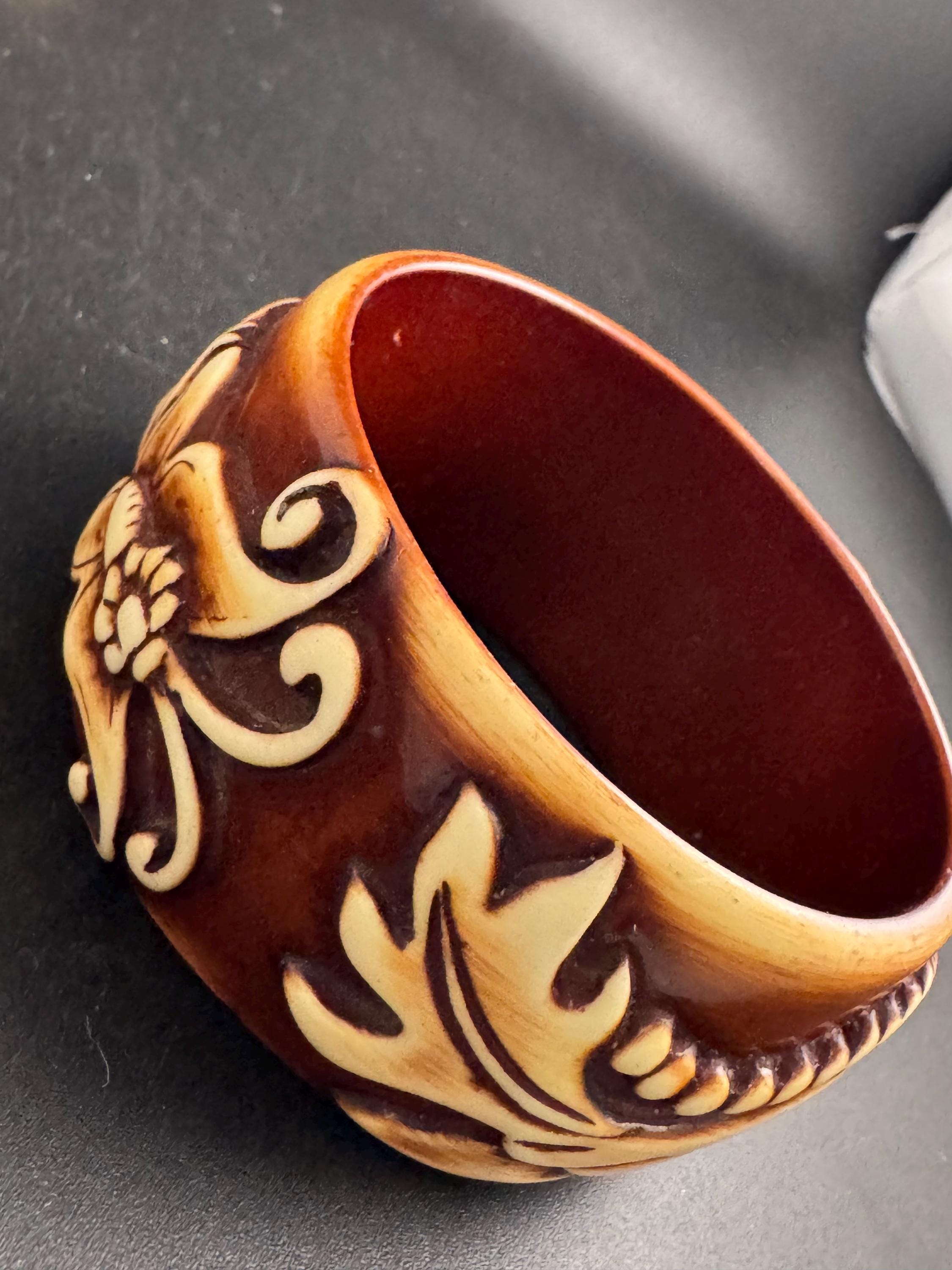 Wide acrylic brown cream bangle , vintage carved effect with butterflies