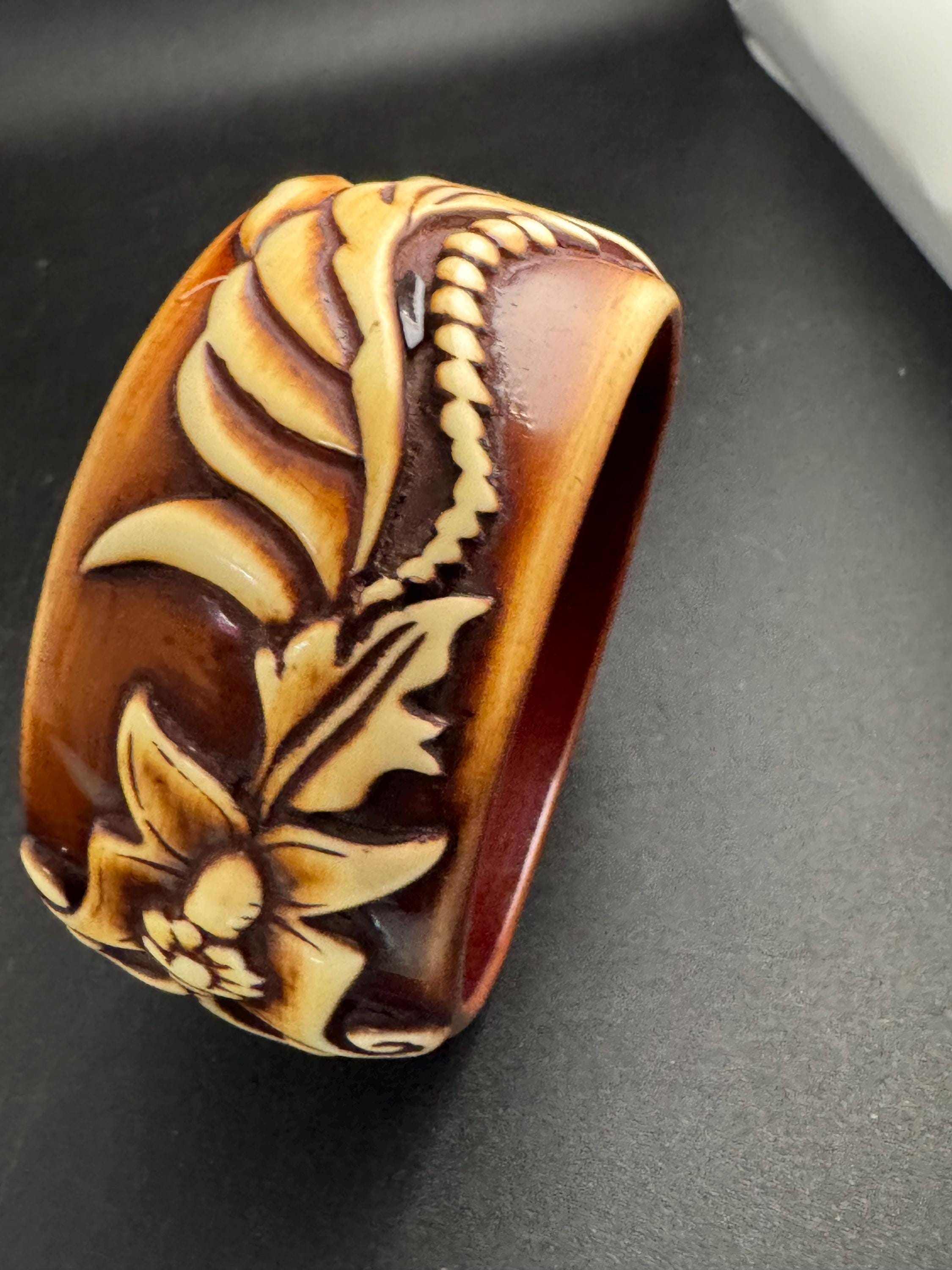 Wide acrylic brown cream bangle , vintage carved effect with butterflies
