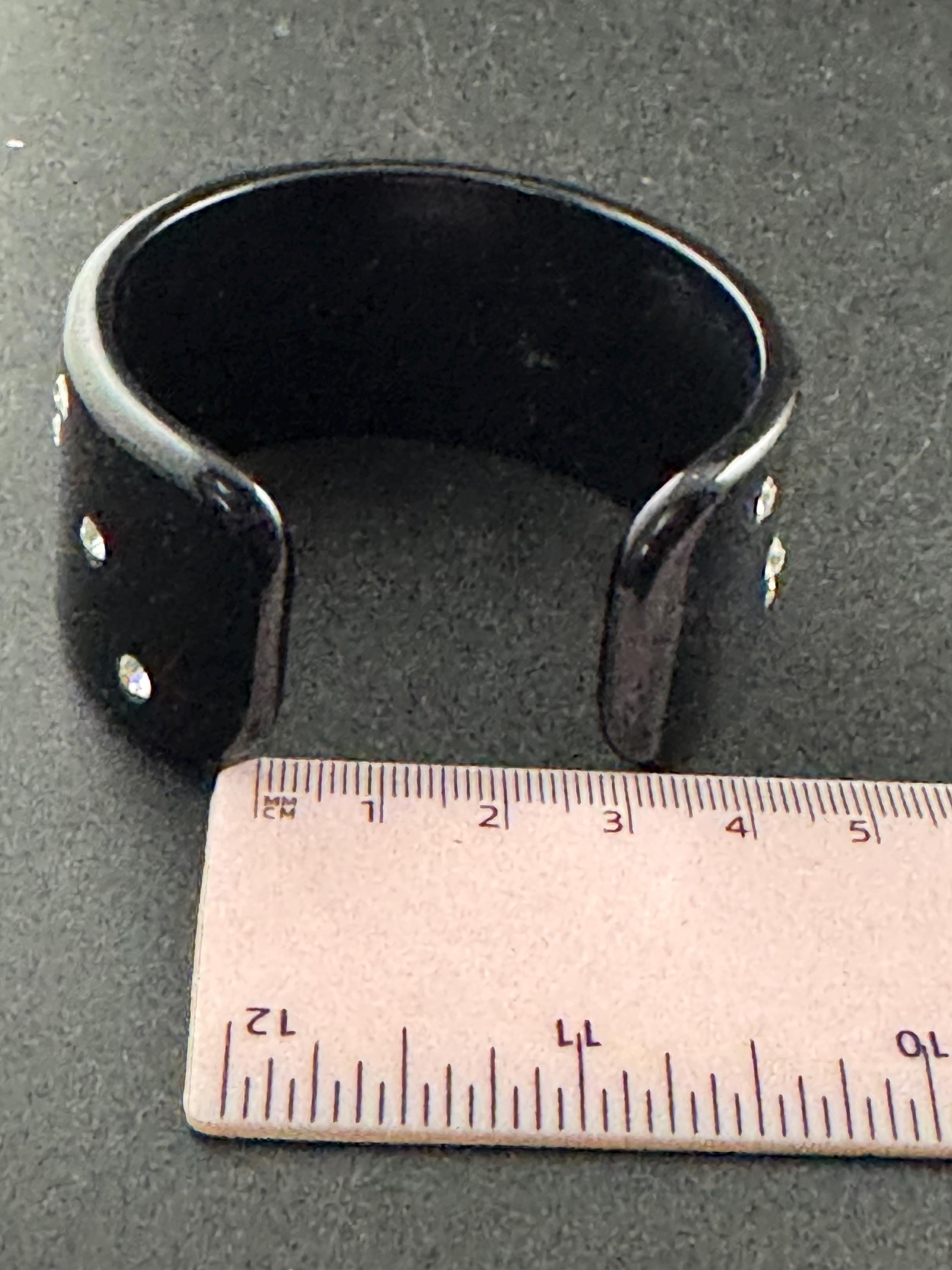 black plastic wide diamanté open cuff bangle, vintage acrylic