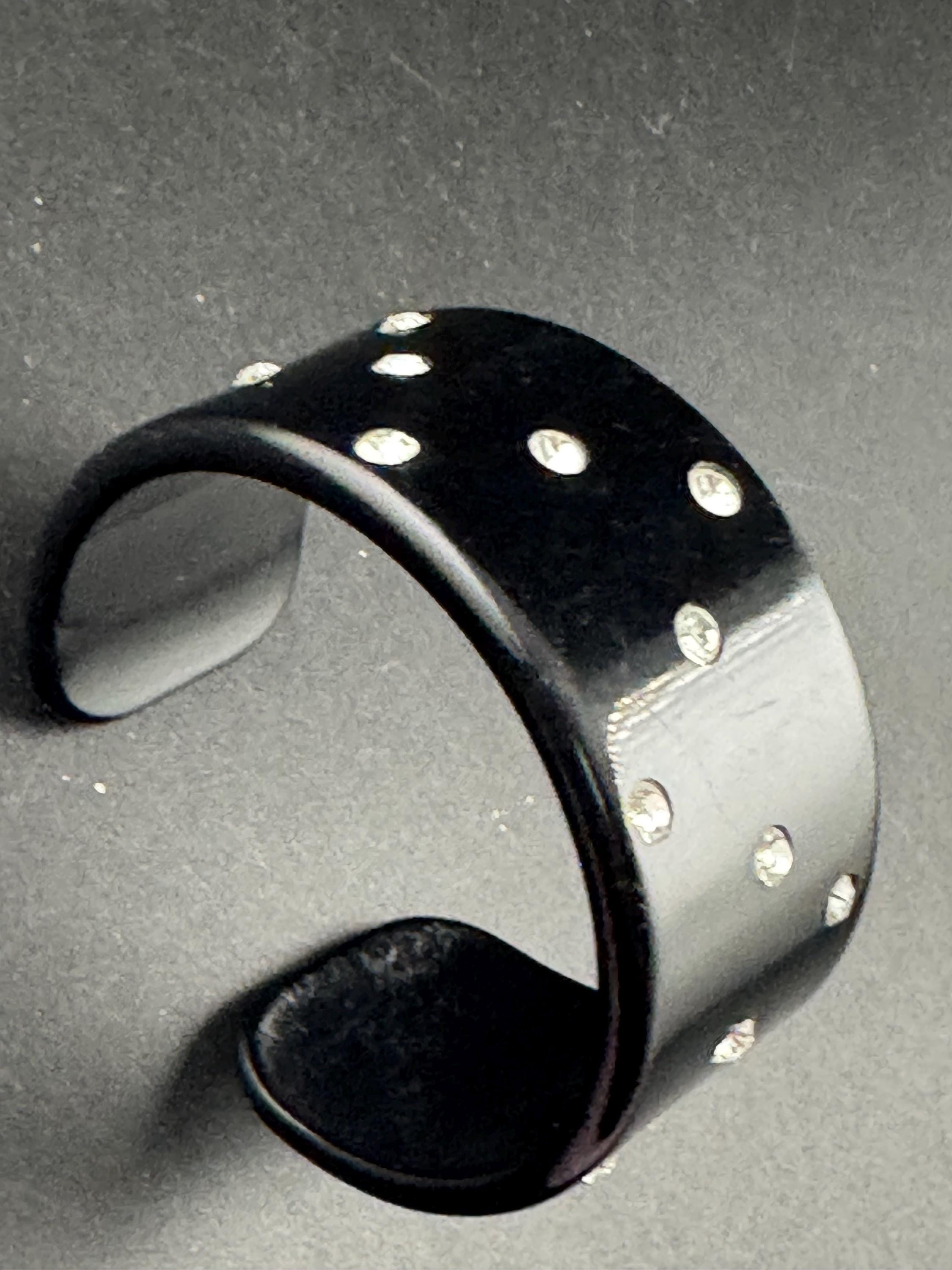 black plastic wide diamanté open cuff bangle, vintage acrylic