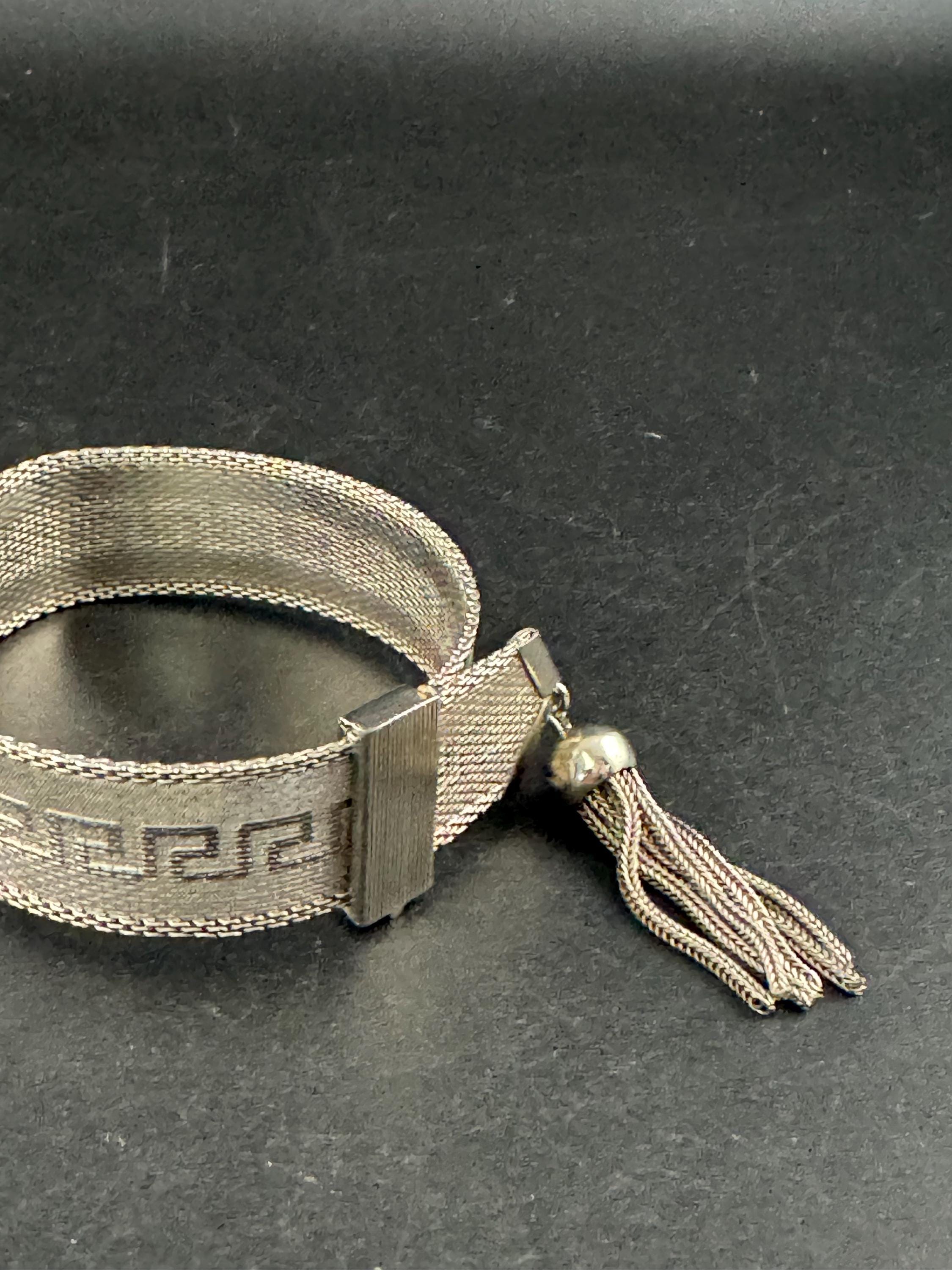 1970s GREEK KEY mesh tassel bracelet , silver plated vintage