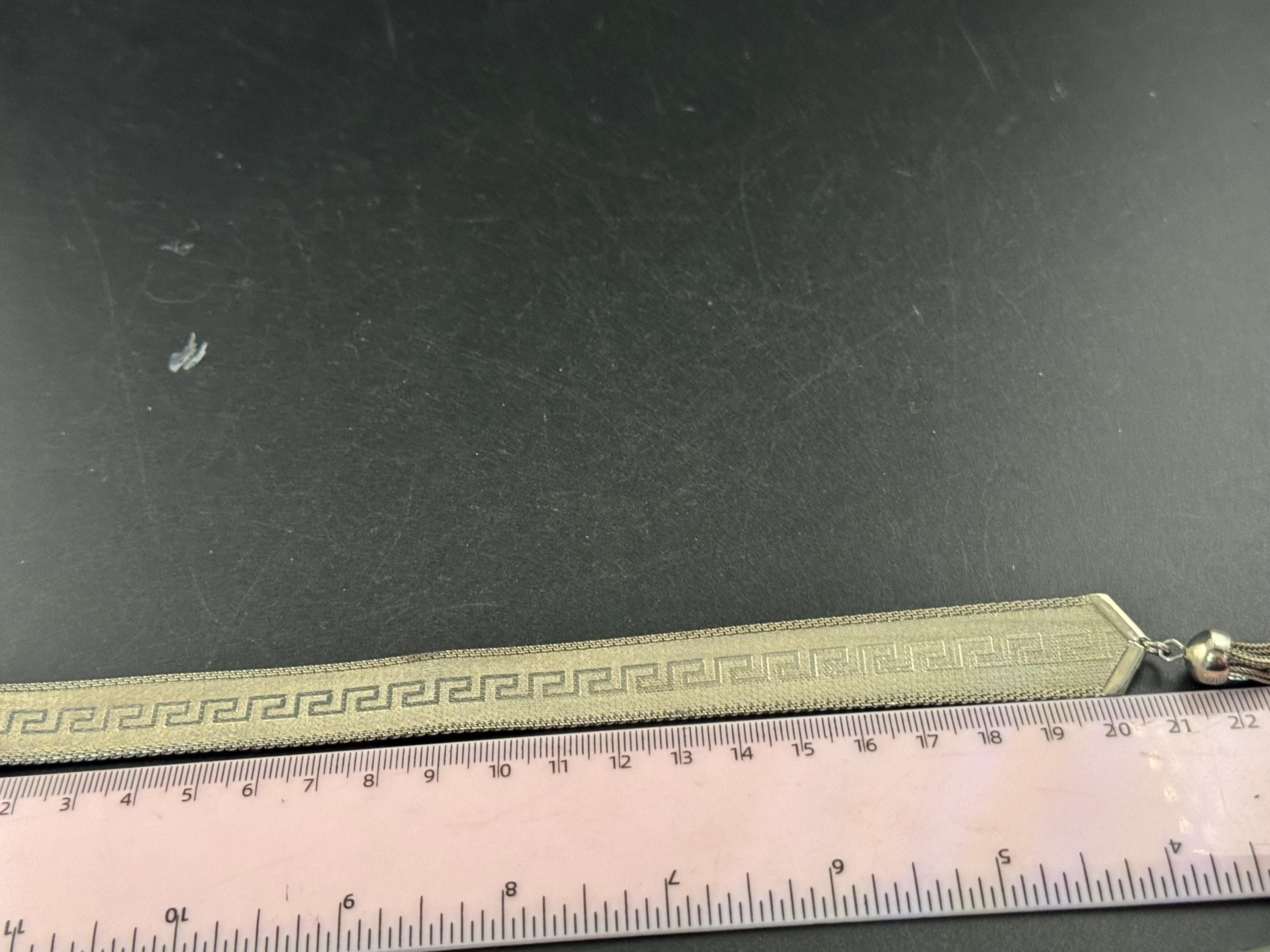 1970s GREEK KEY mesh tassel bracelet , silver plated vintage