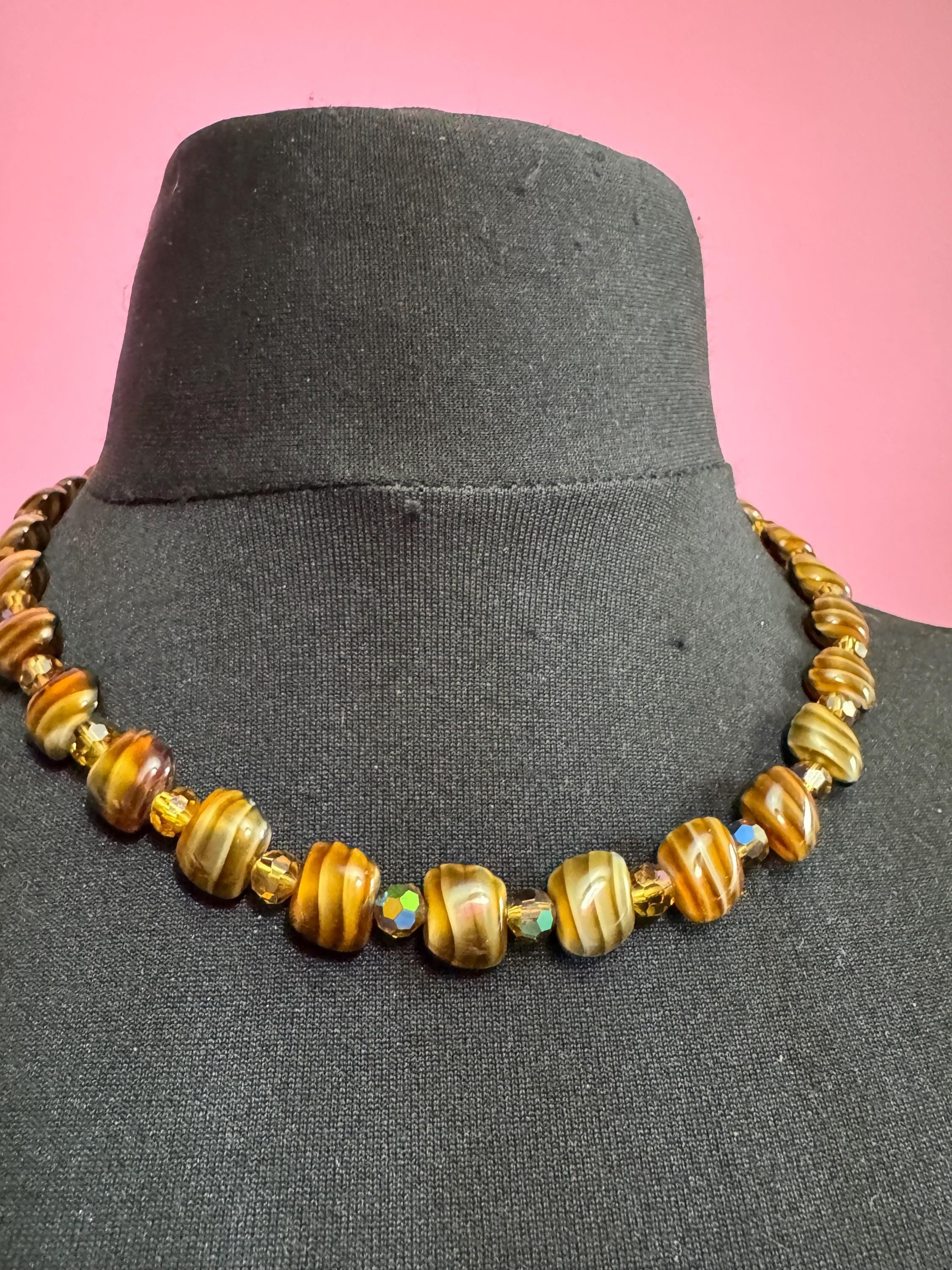 1950s brown marbled glass bead necklace, vintage rainbow AB beaded choker