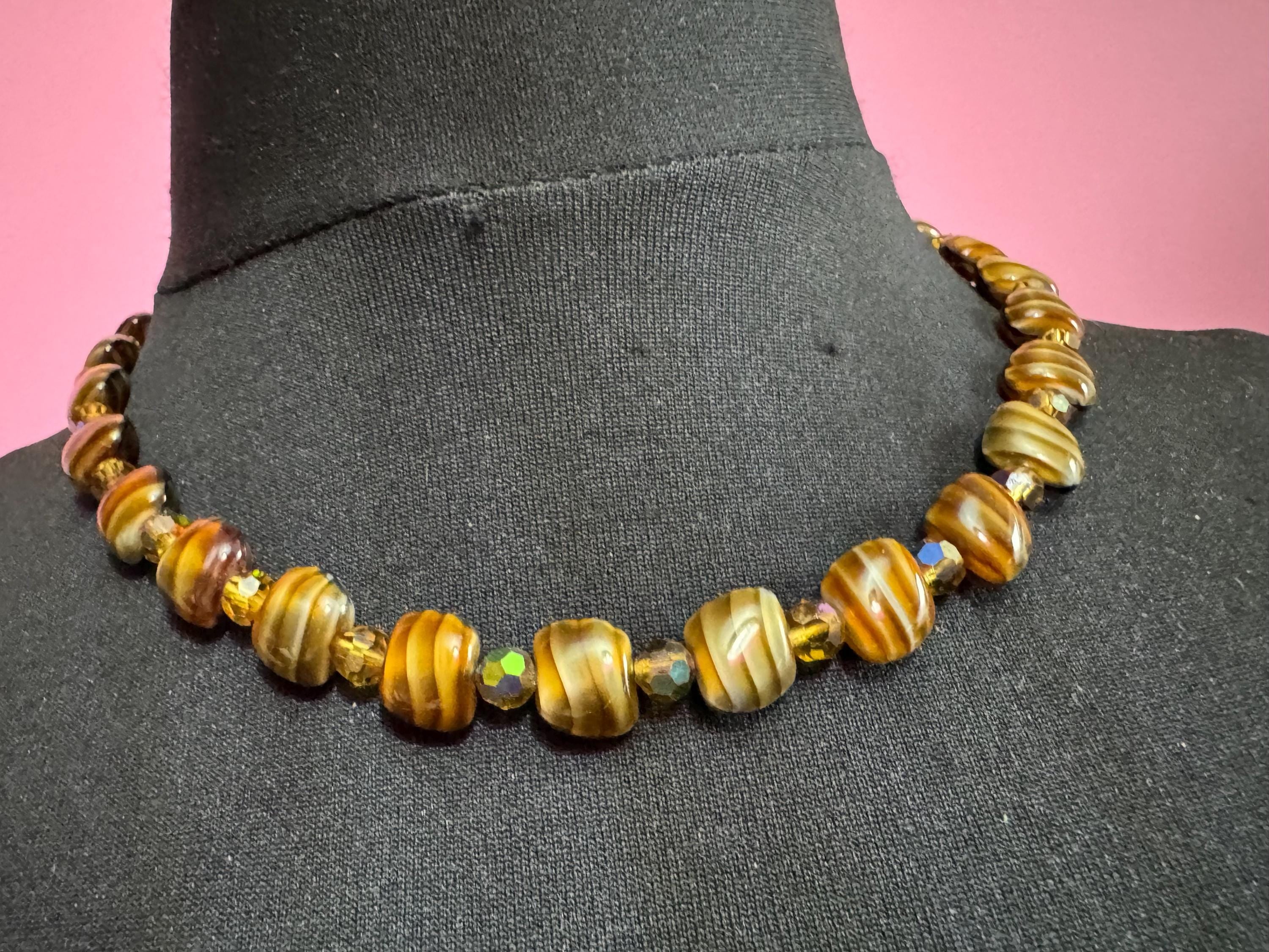 1950s brown marbled glass bead necklace, vintage rainbow AB beaded choker