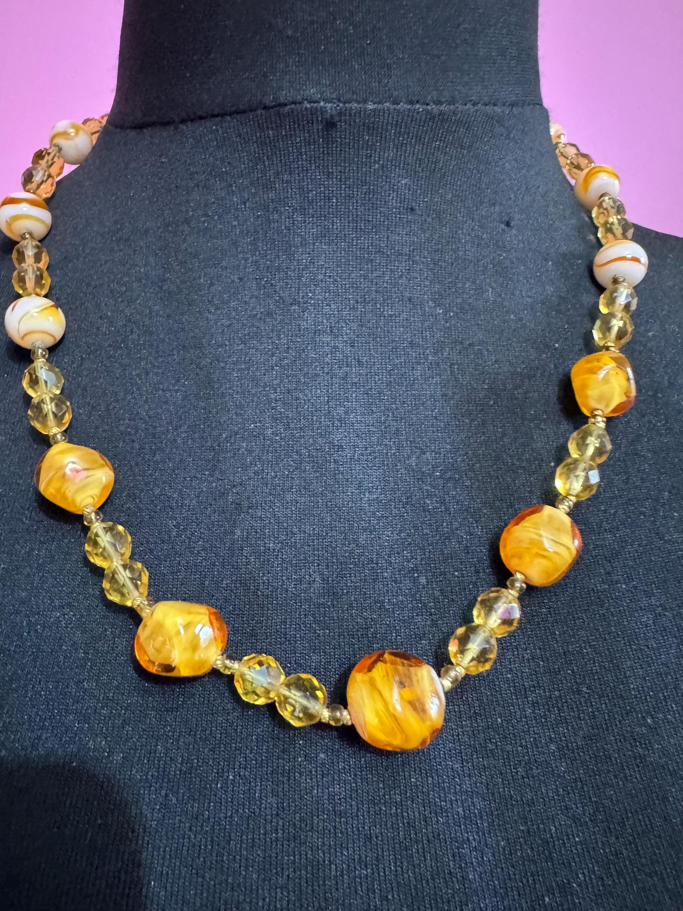 1950s Orange marbled glass beaded necklace, vintage yellow citrine faceted beads