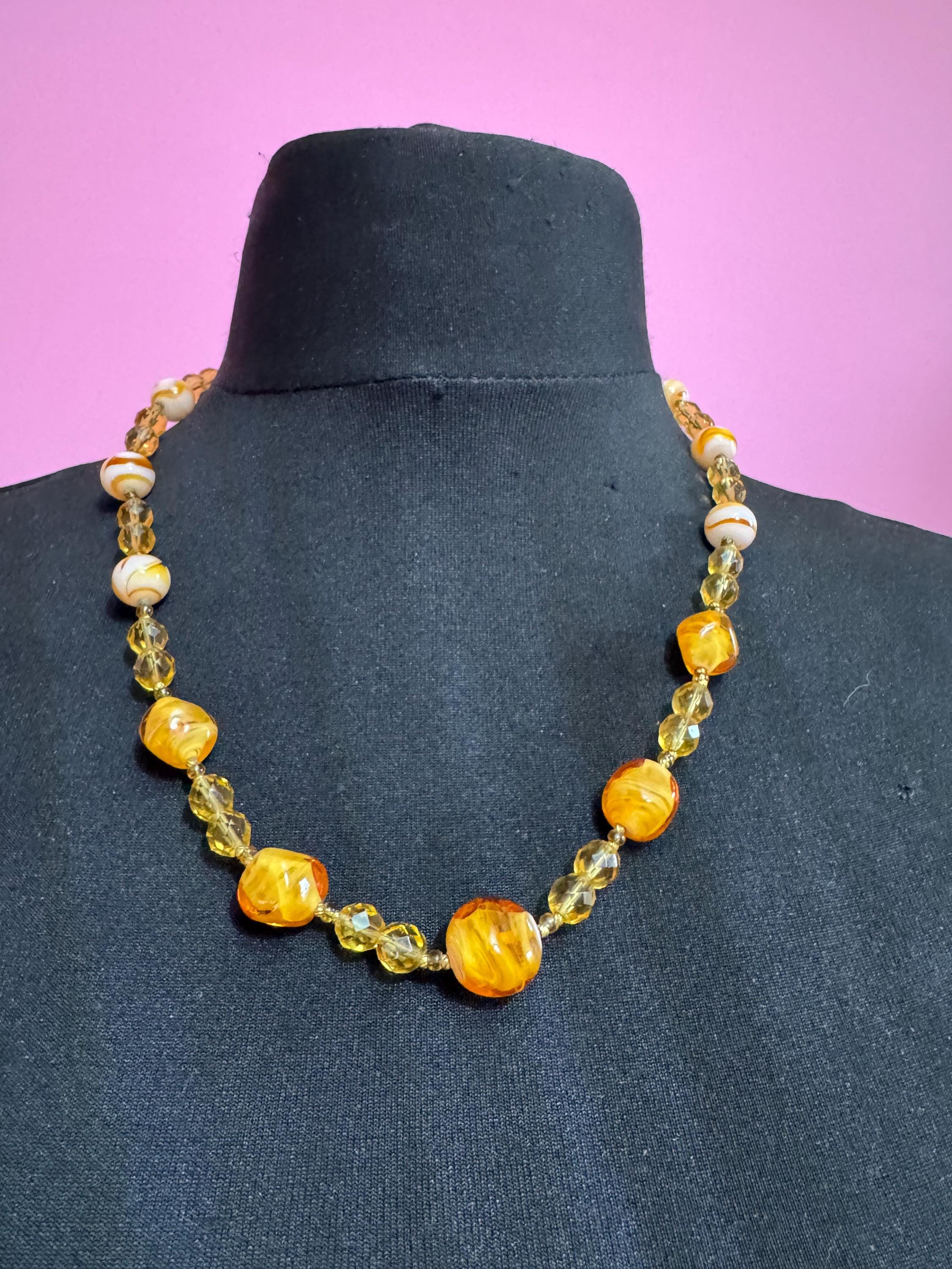 1950s Orange marbled glass beaded necklace, vintage yellow citrine faceted beads