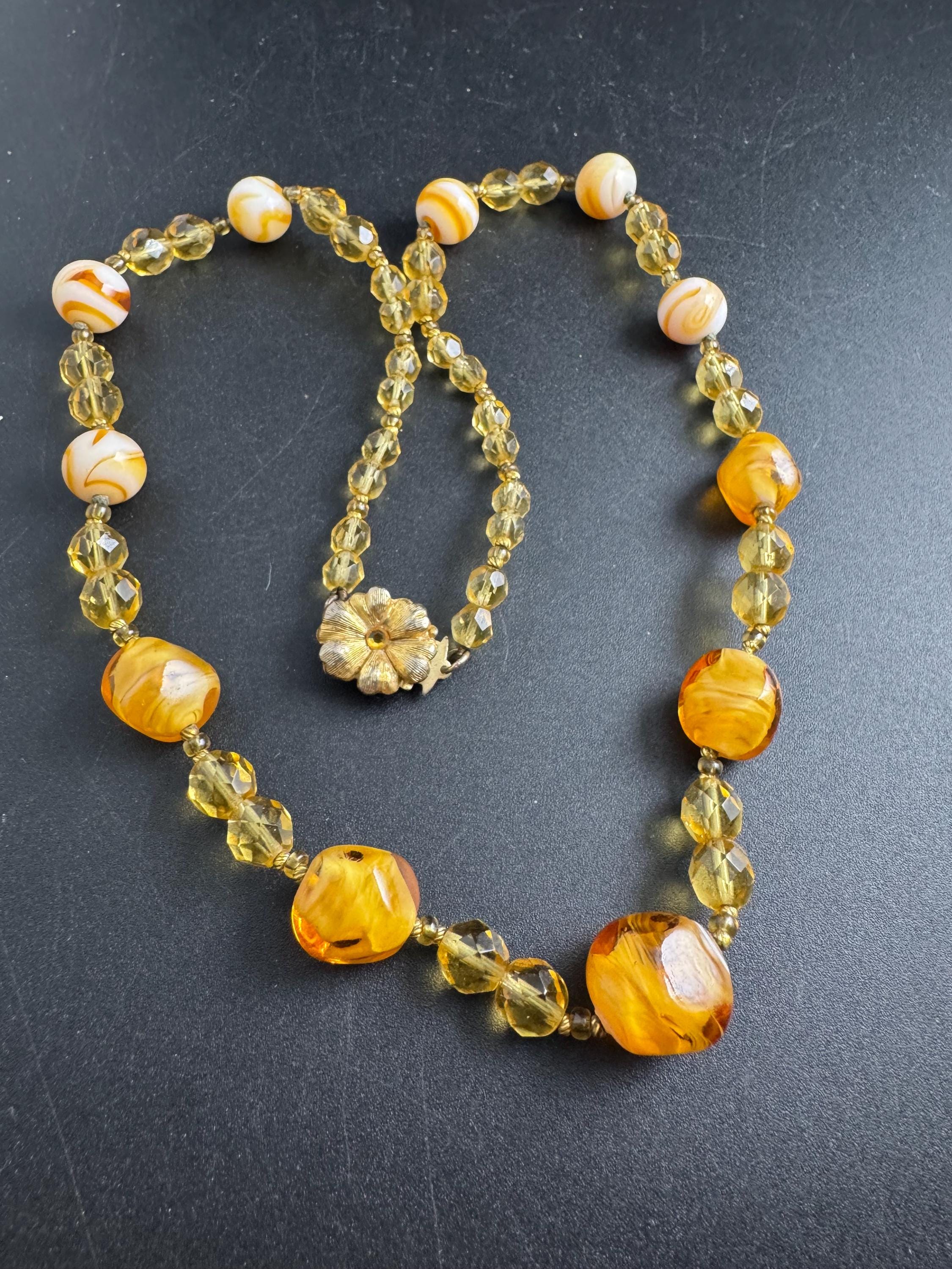 1950s Orange marbled glass beaded necklace, vintage yellow citrine faceted beads