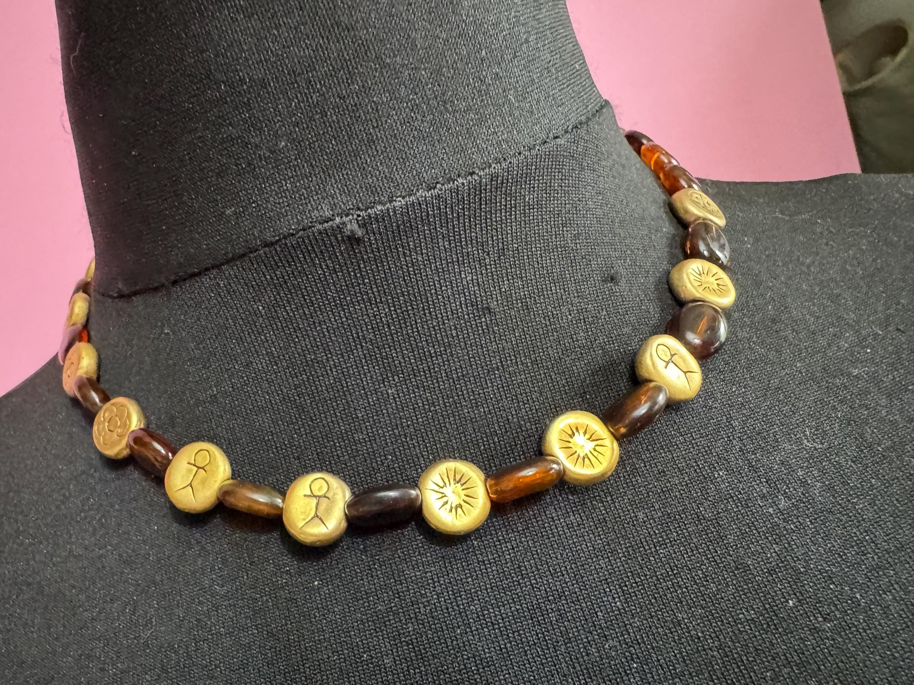 Gold charm bead brown glass necklace, retro beads