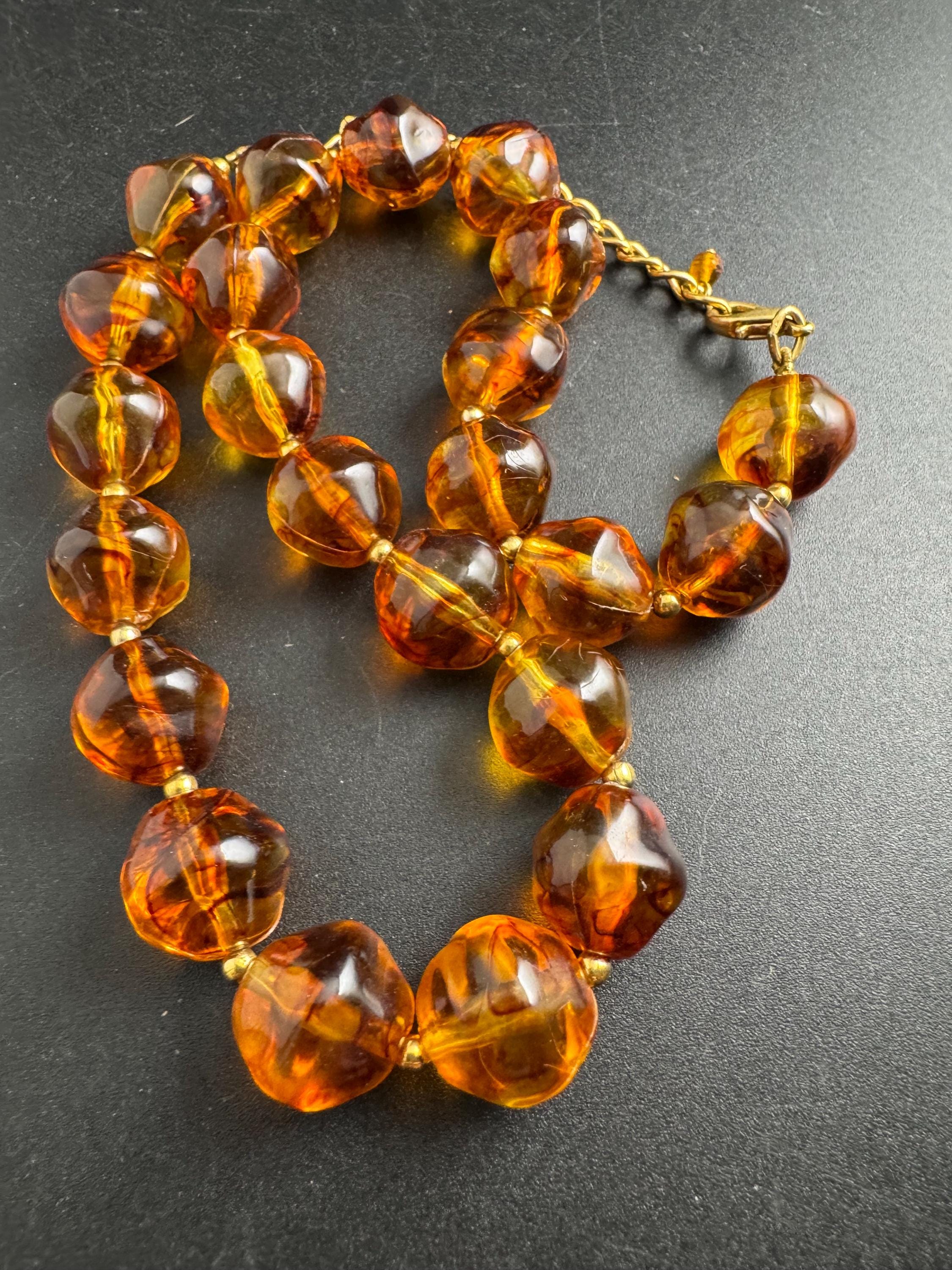 Faux Amber orange brown beaded necklace, chunky plastic beads
