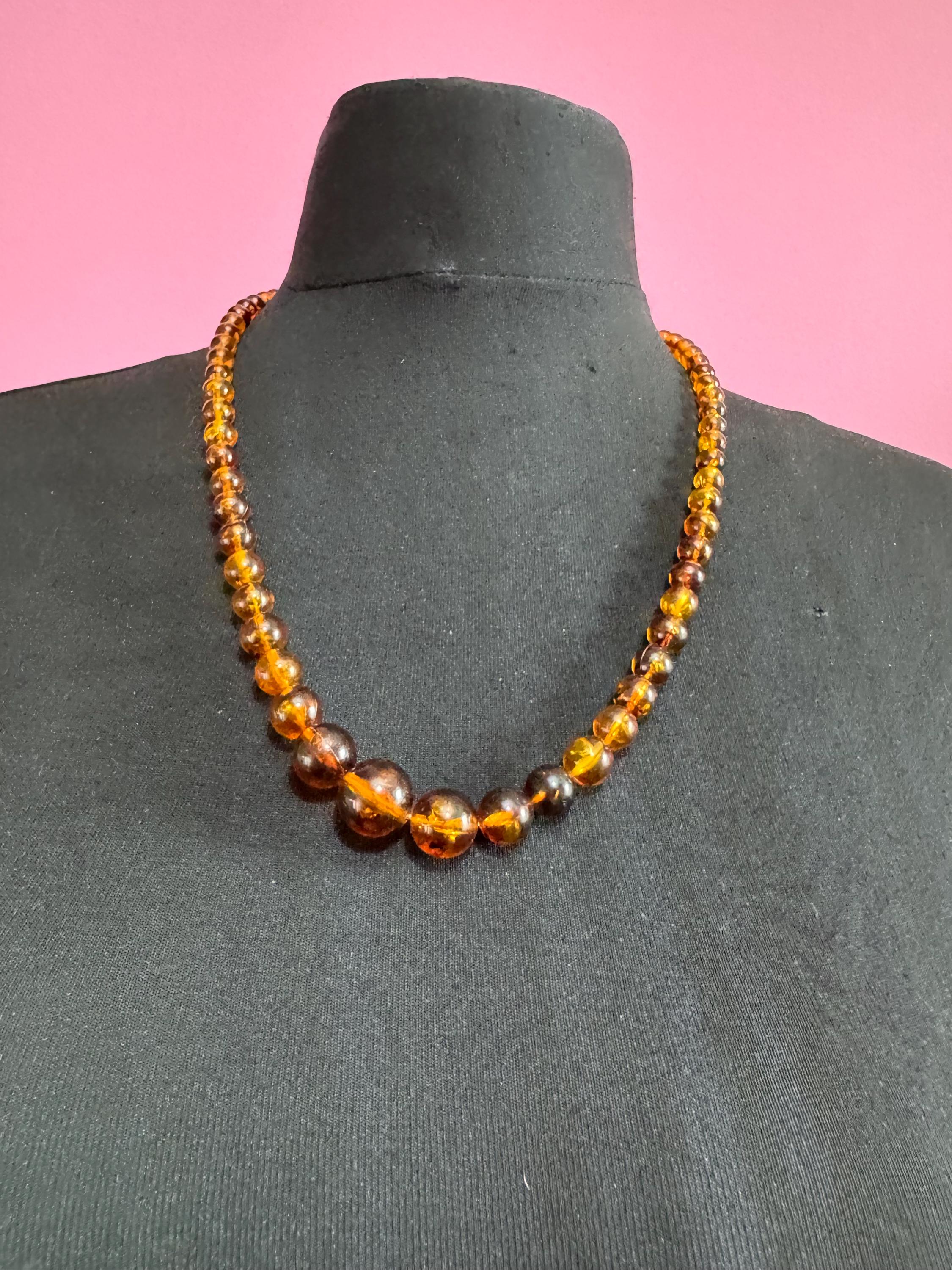 Long Faux Amber orange brown beaded necklace, plastic beads