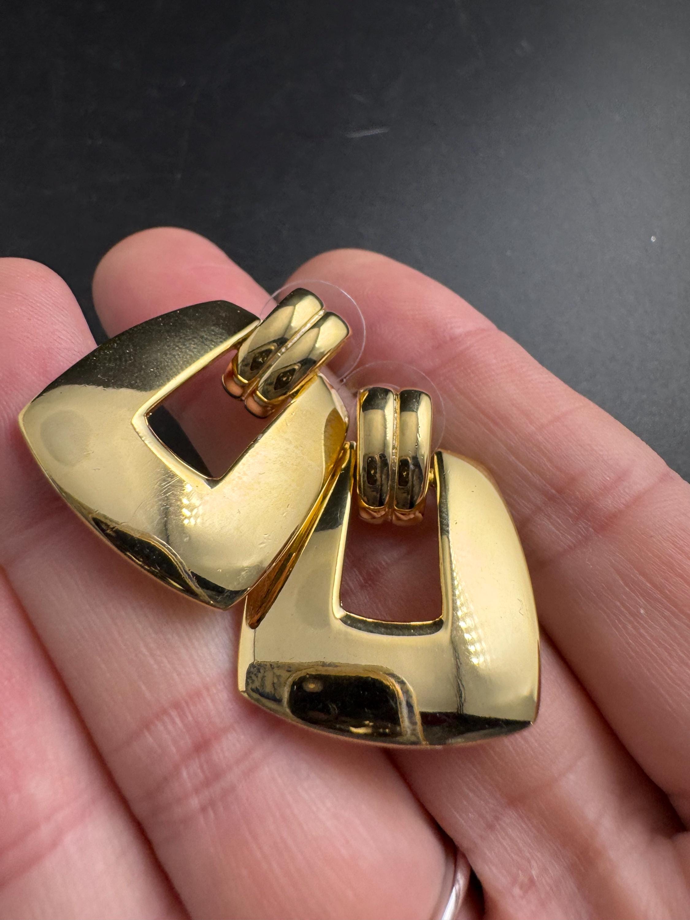 NAPIER door knocker earrings, signed vintage and heavy gold plated for pierced ears, designer