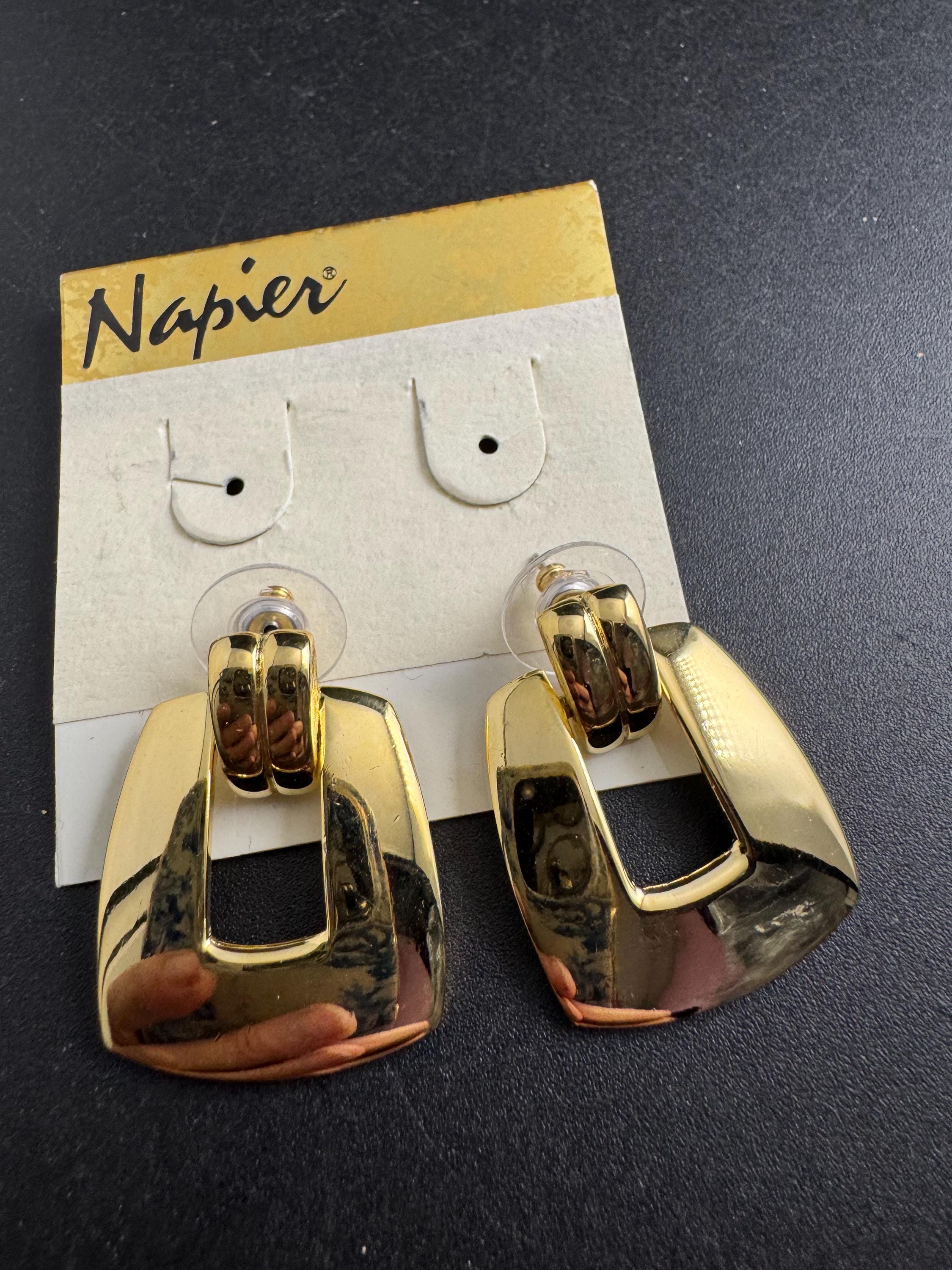NAPIER door knocker earrings, signed vintage and heavy gold plated for pierced ears, designer