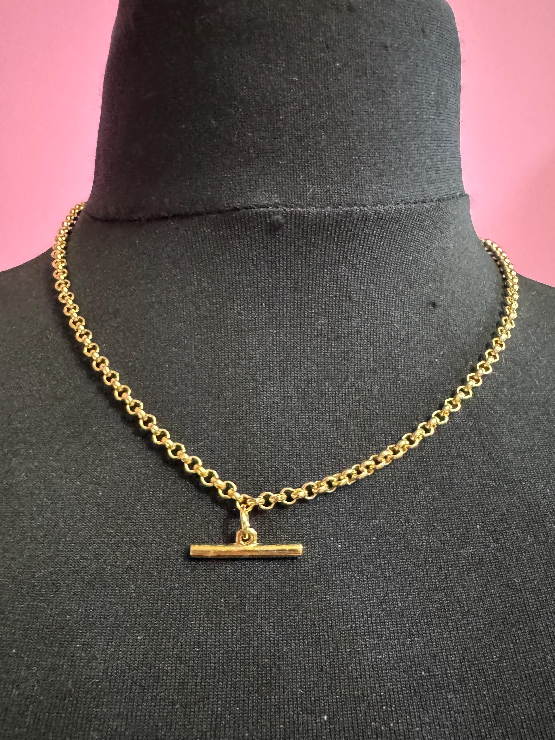 T Bar watch chain necklace, retro Victorian style gold plated chain