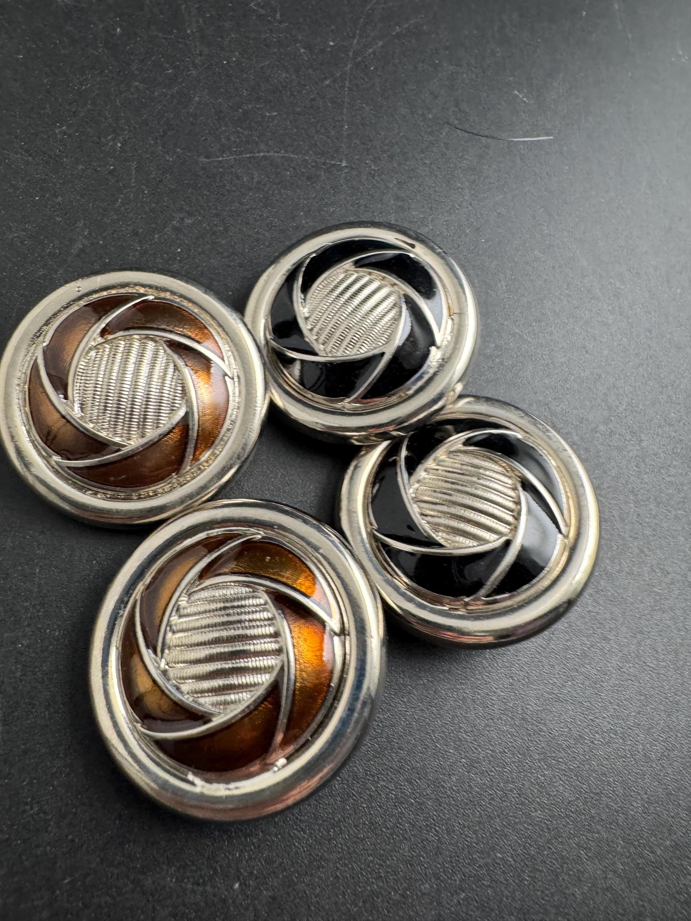 French Brown Enamel Clip On Earrings, silver tone 1960s Vintage