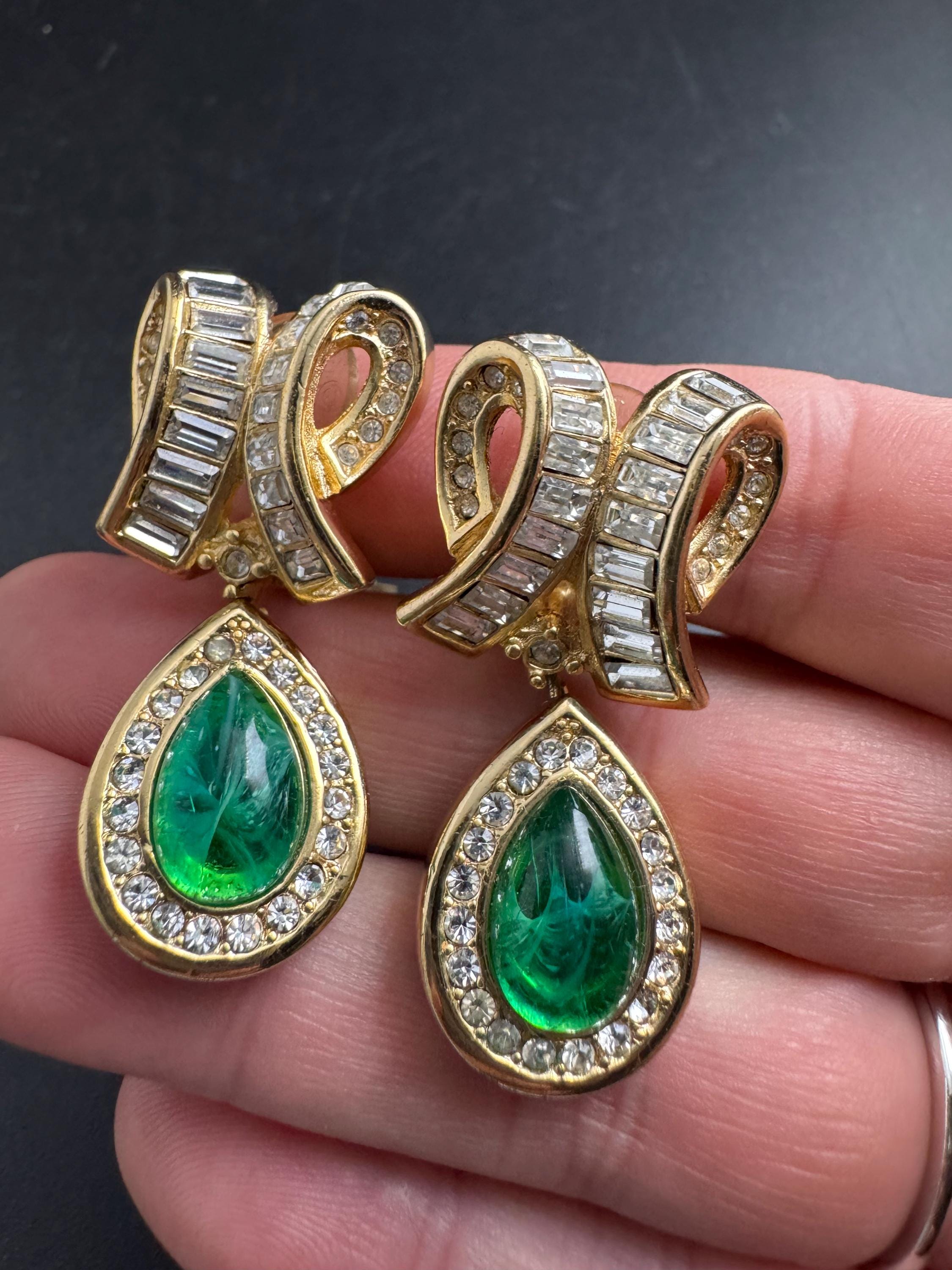 Vintage Christian Dior Grosse Green Gripoix Rhinestone Clip On Earrings