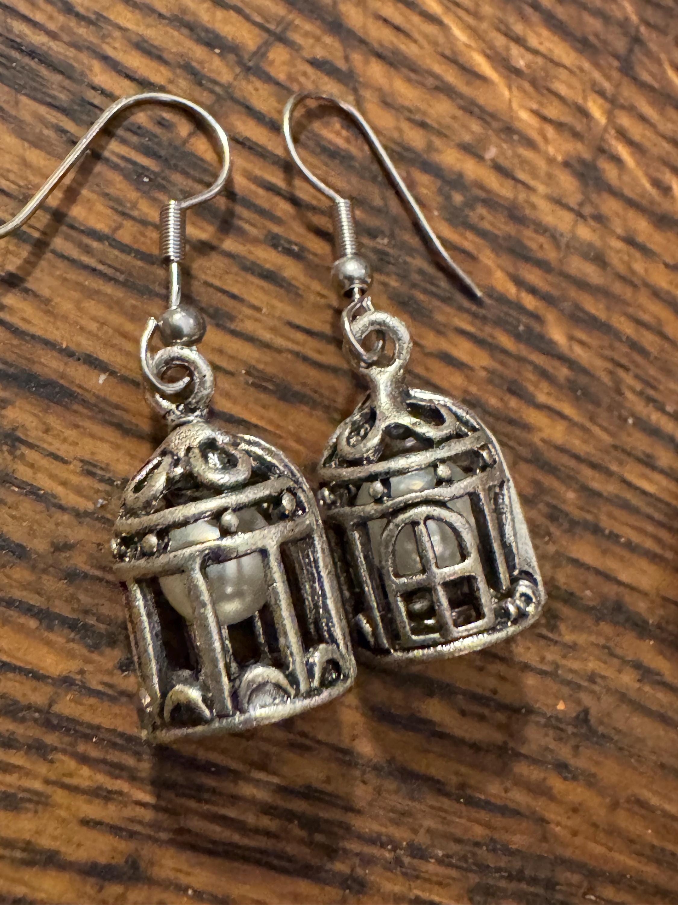 Silver and pearl birdcage earrings, for pierced ears