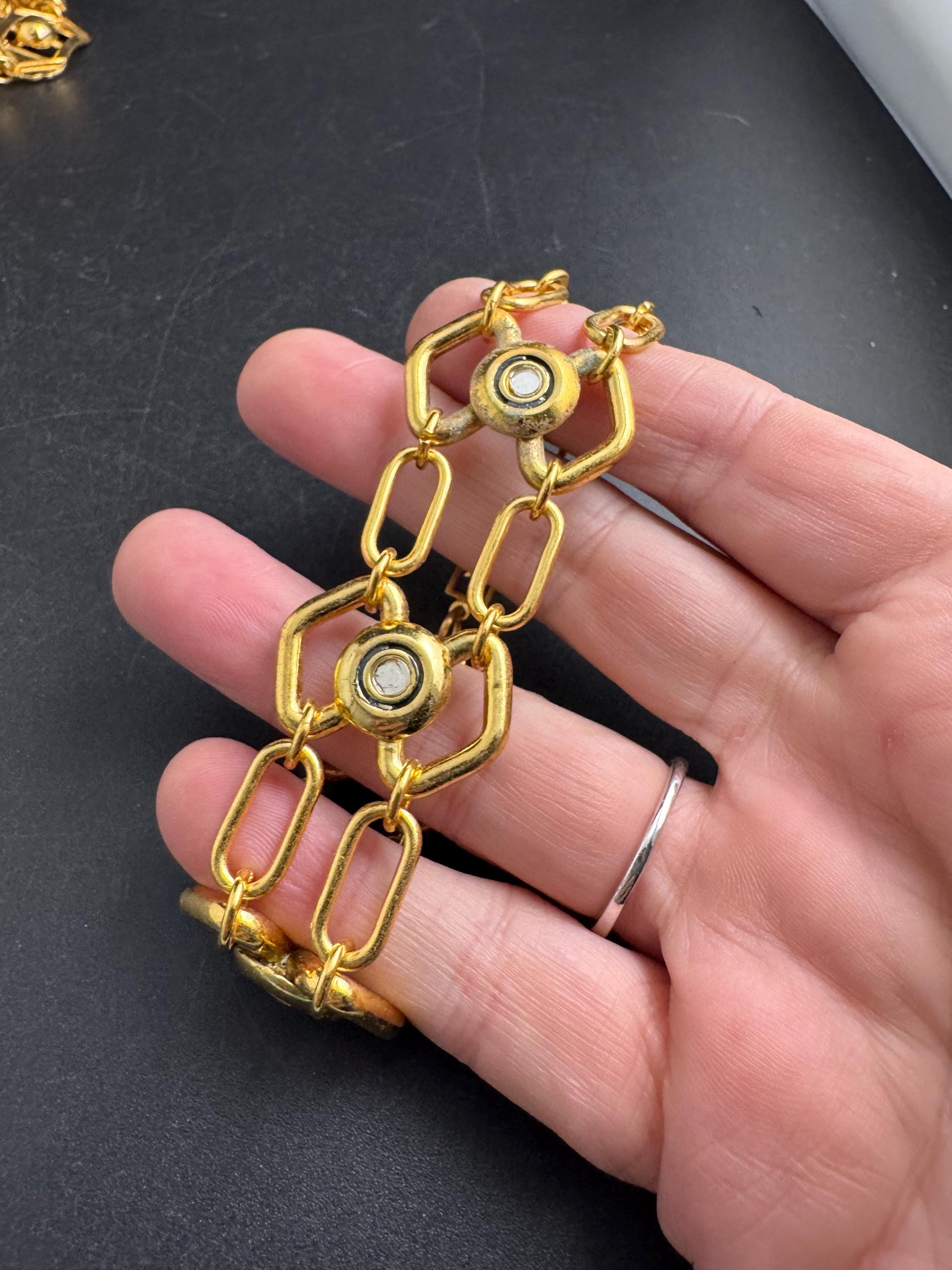 Wide gold geometric chain link bracelet , vintage unused 70s