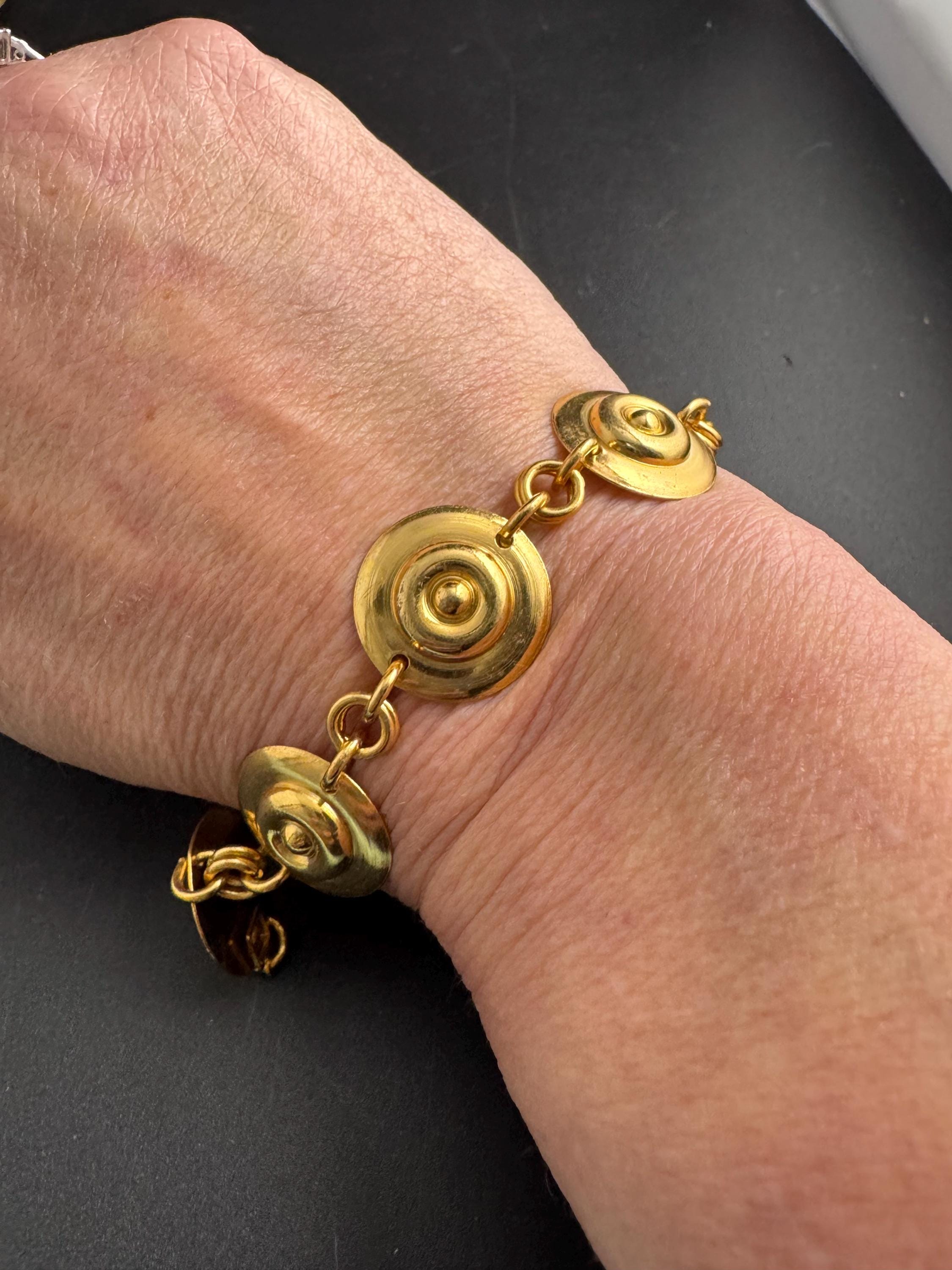 Etruscan gold disc panel link bracelet , vintage unused 1960s