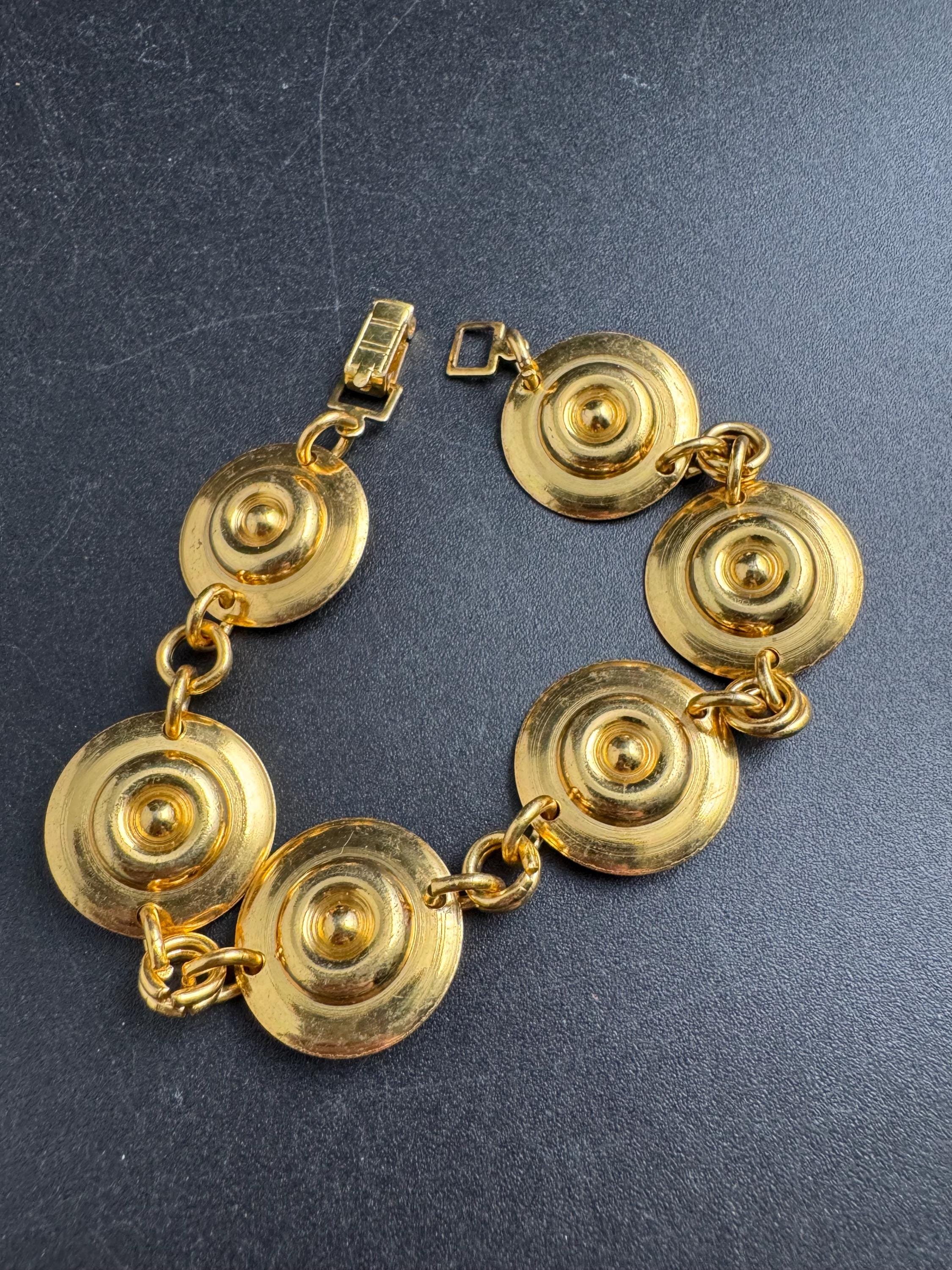 Etruscan gold disc panel link bracelet , vintage unused 1960s