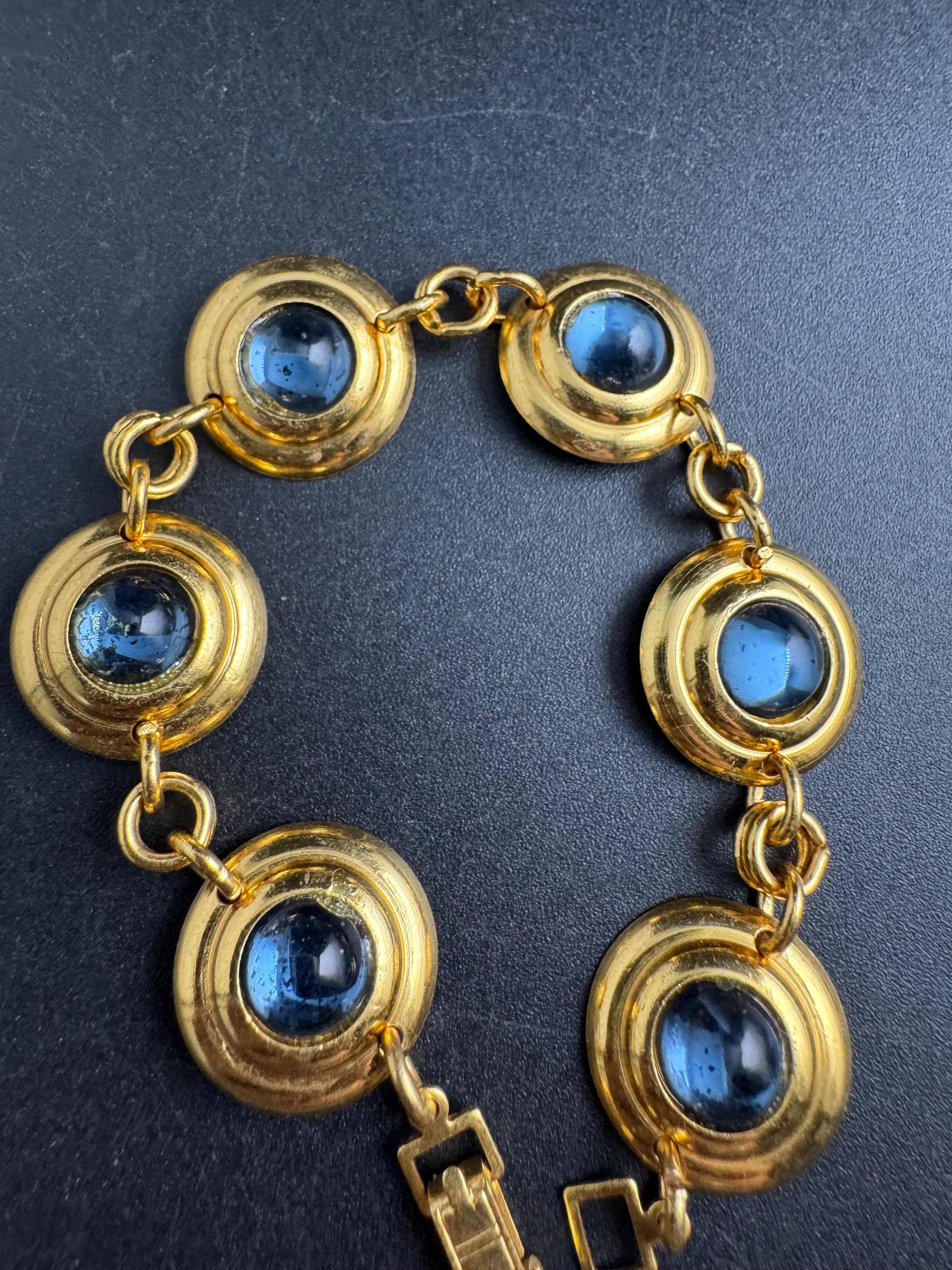 Etruscan sapphire cabochon disc bracelet , blue glass vintage unused 1960s