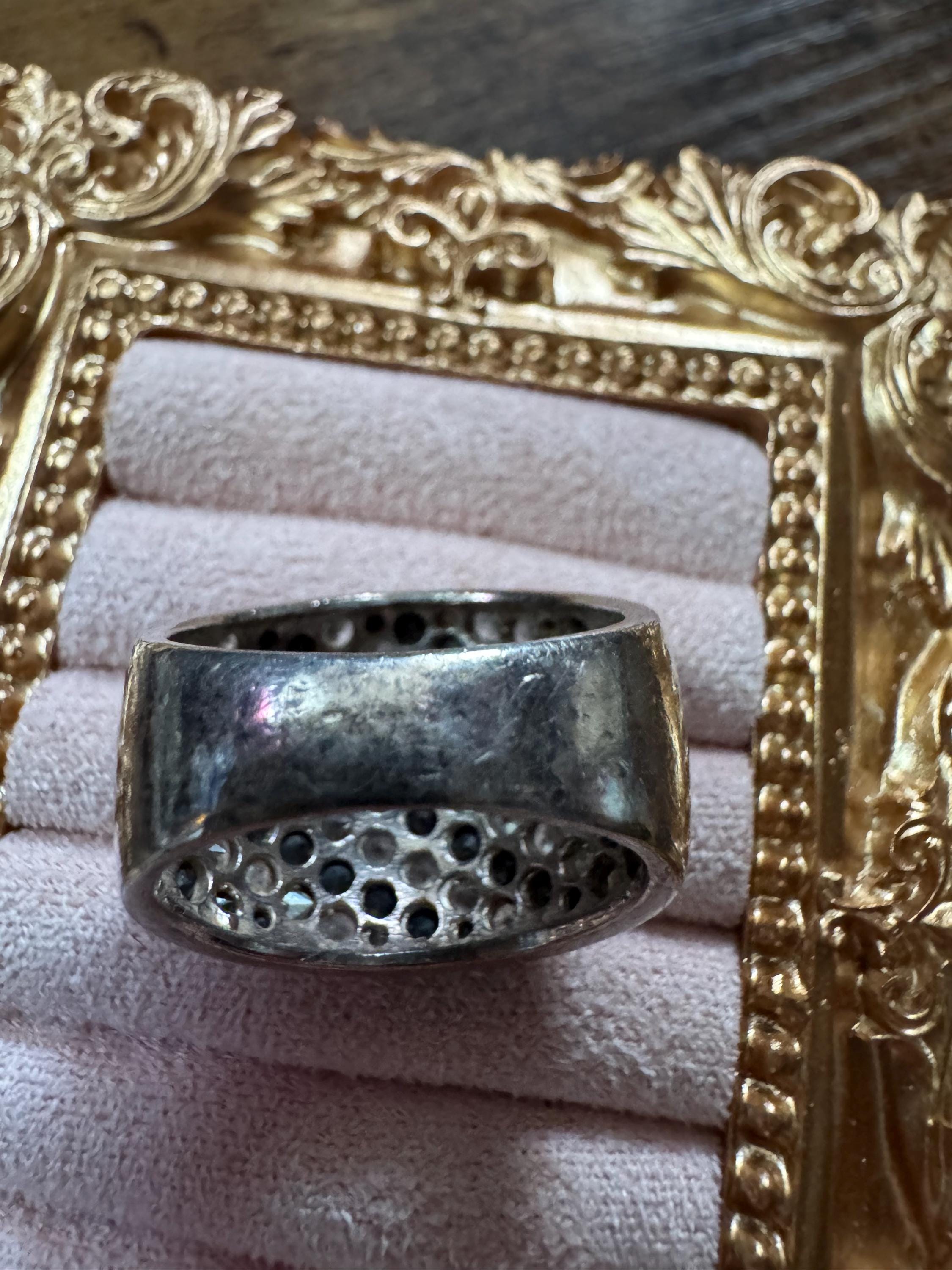 Size O 925 black clear cluster ring, sterling silver rhinestones cocktail dress ring , monochrome