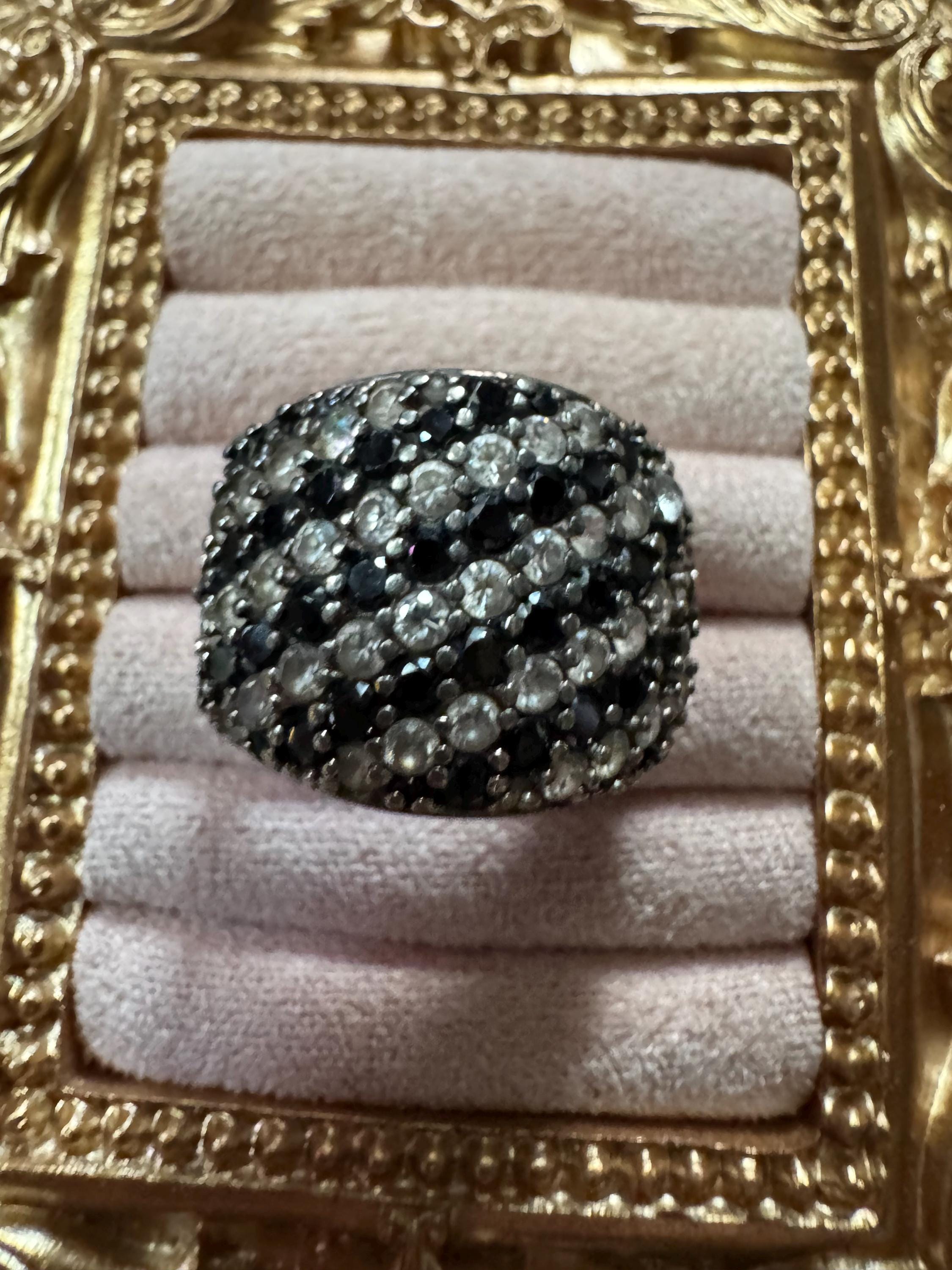 Size O 925 black clear cluster ring, sterling silver rhinestones cocktail dress ring , monochrome