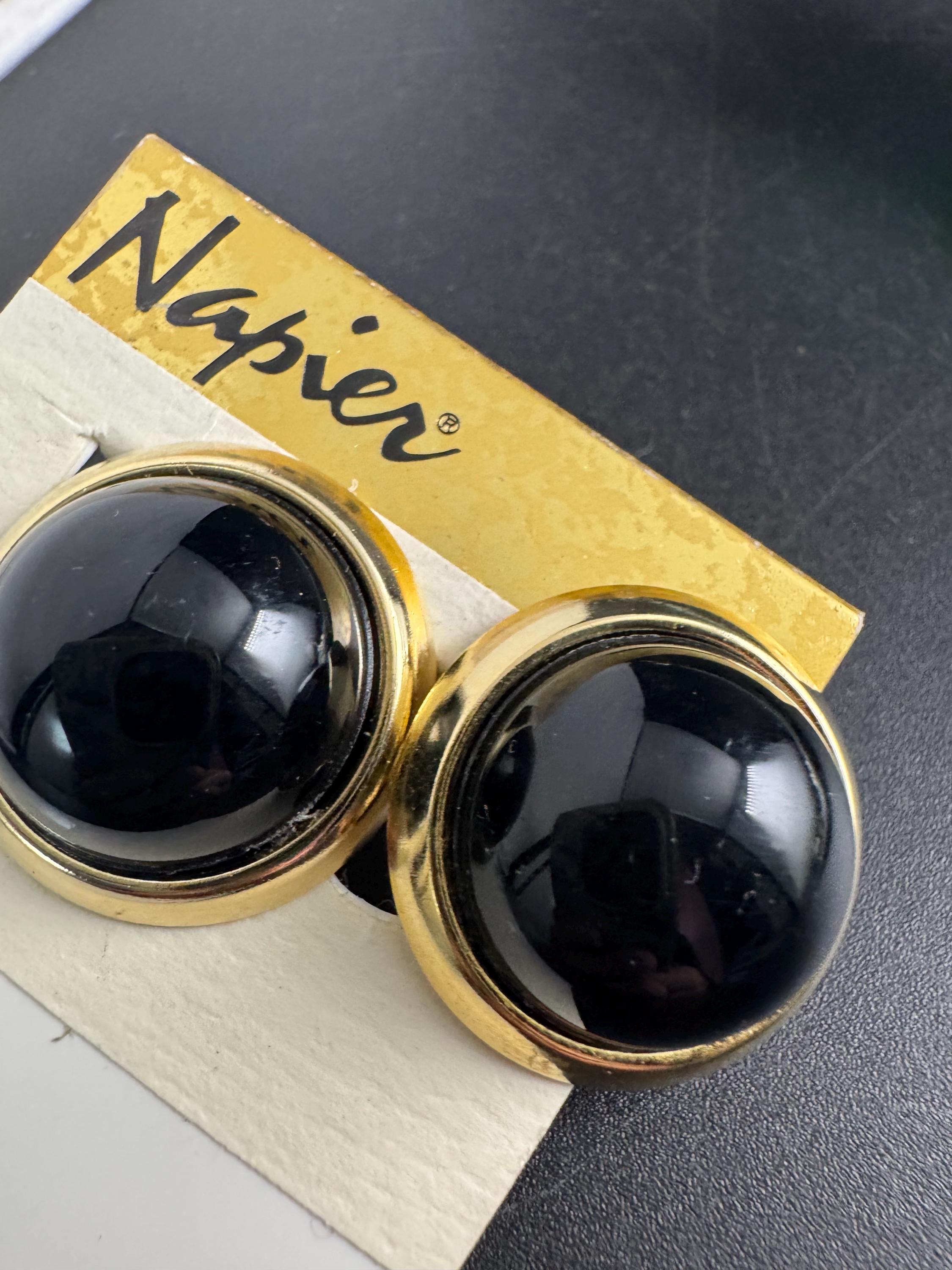 Vintage NAPIER black clip on earrings, signed gold plated, designer