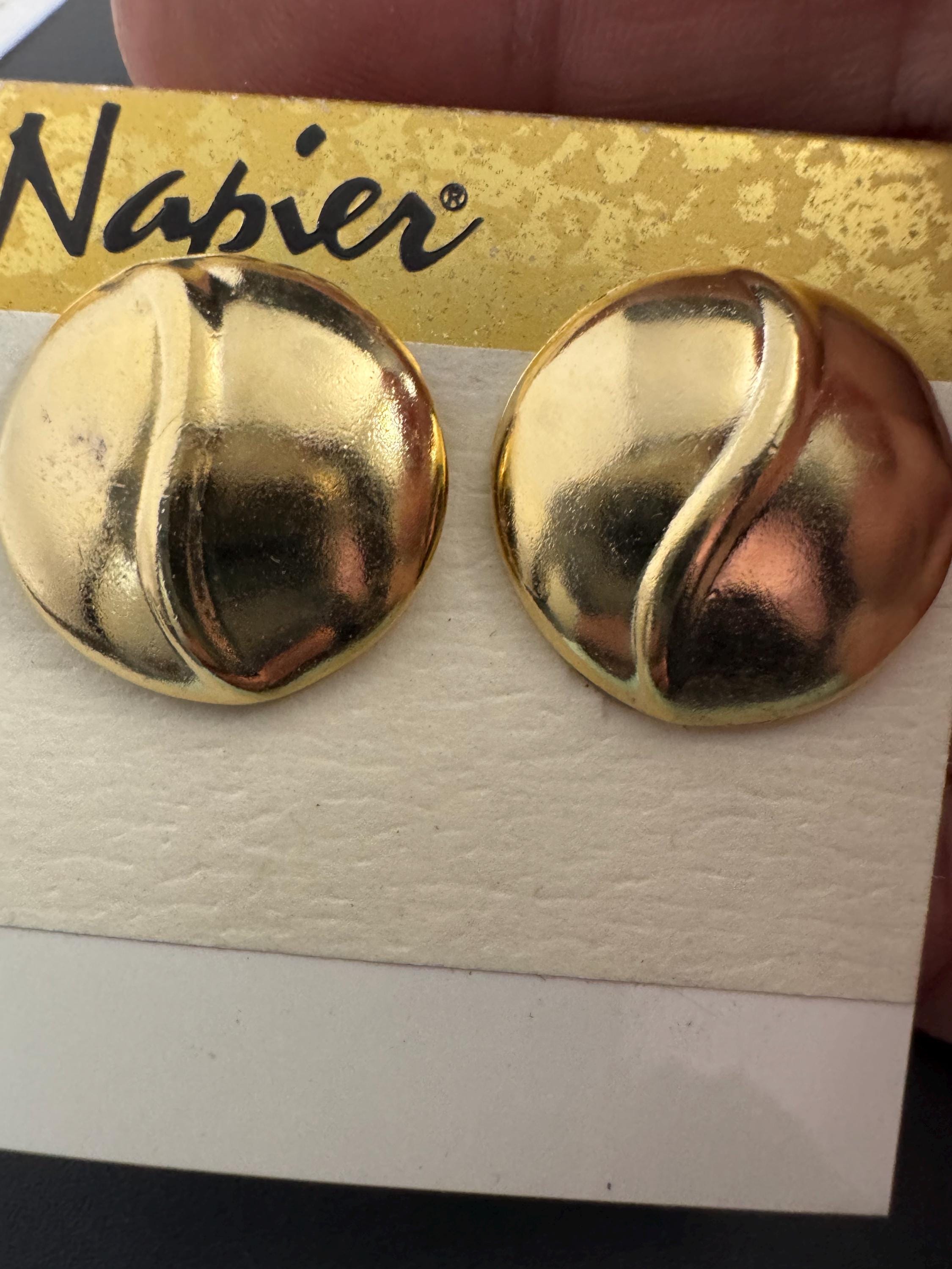 NAPIER round clip on earrings, vintage signed 80s two tone buttons gold plated