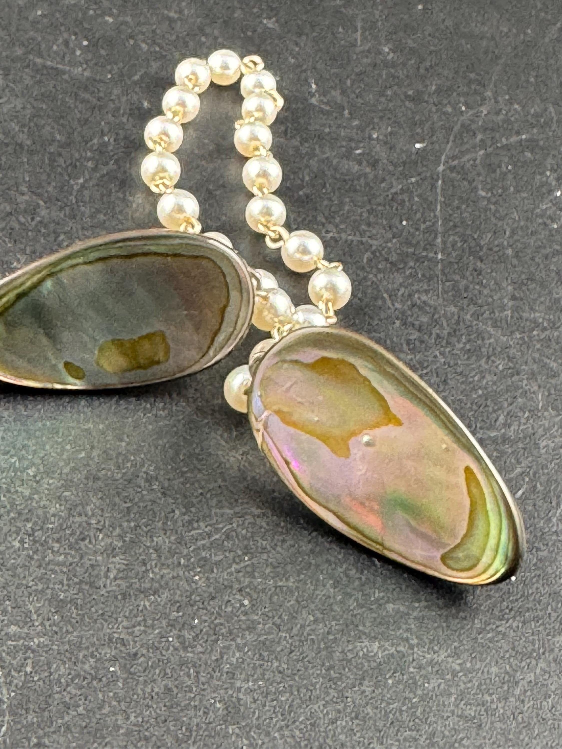 vintage abalone shell sweater guards, pearl and chain cloak clips gold tone