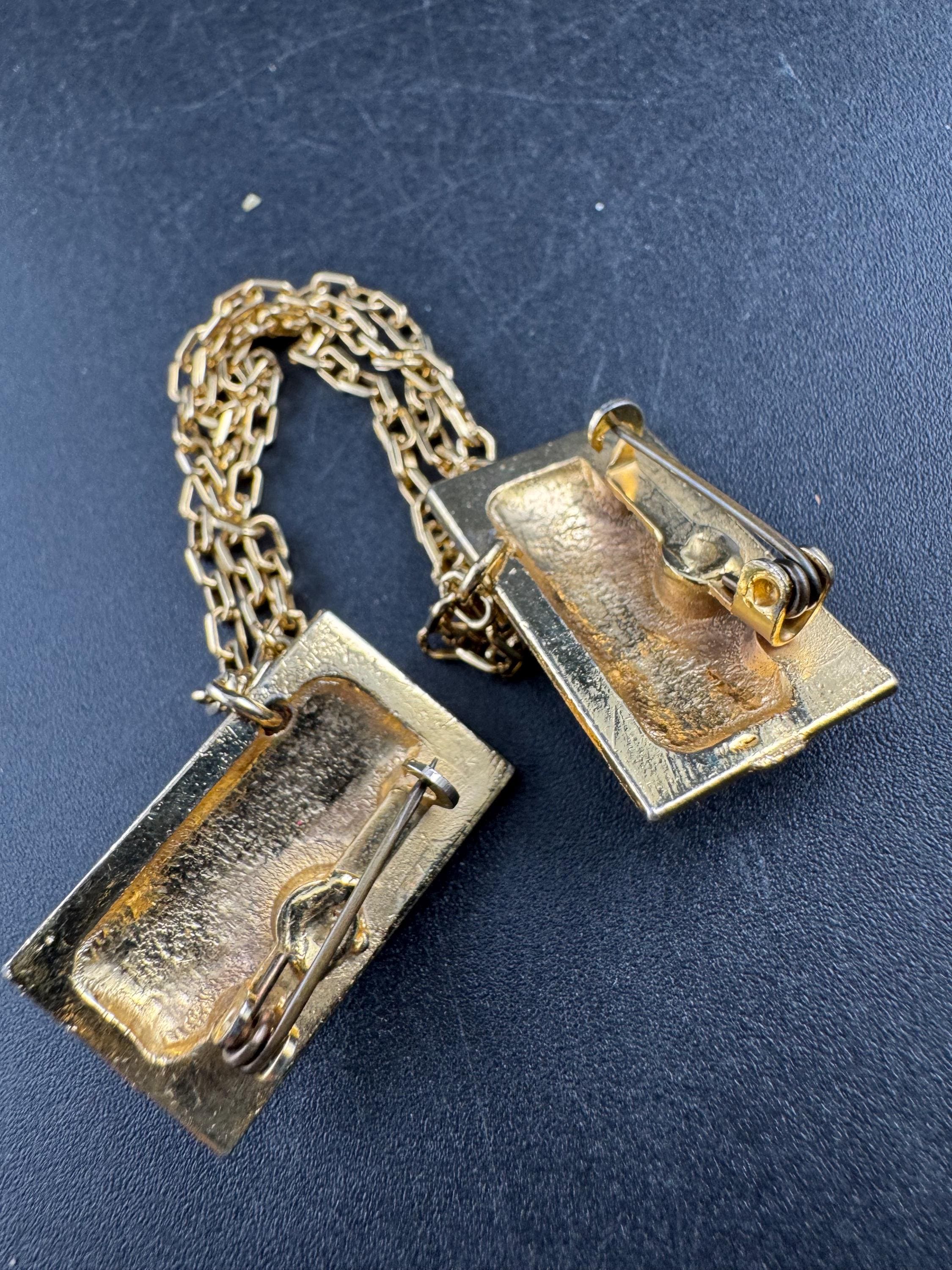 vintage peking glass double brooch, gold tone green cloak clips sweater guards