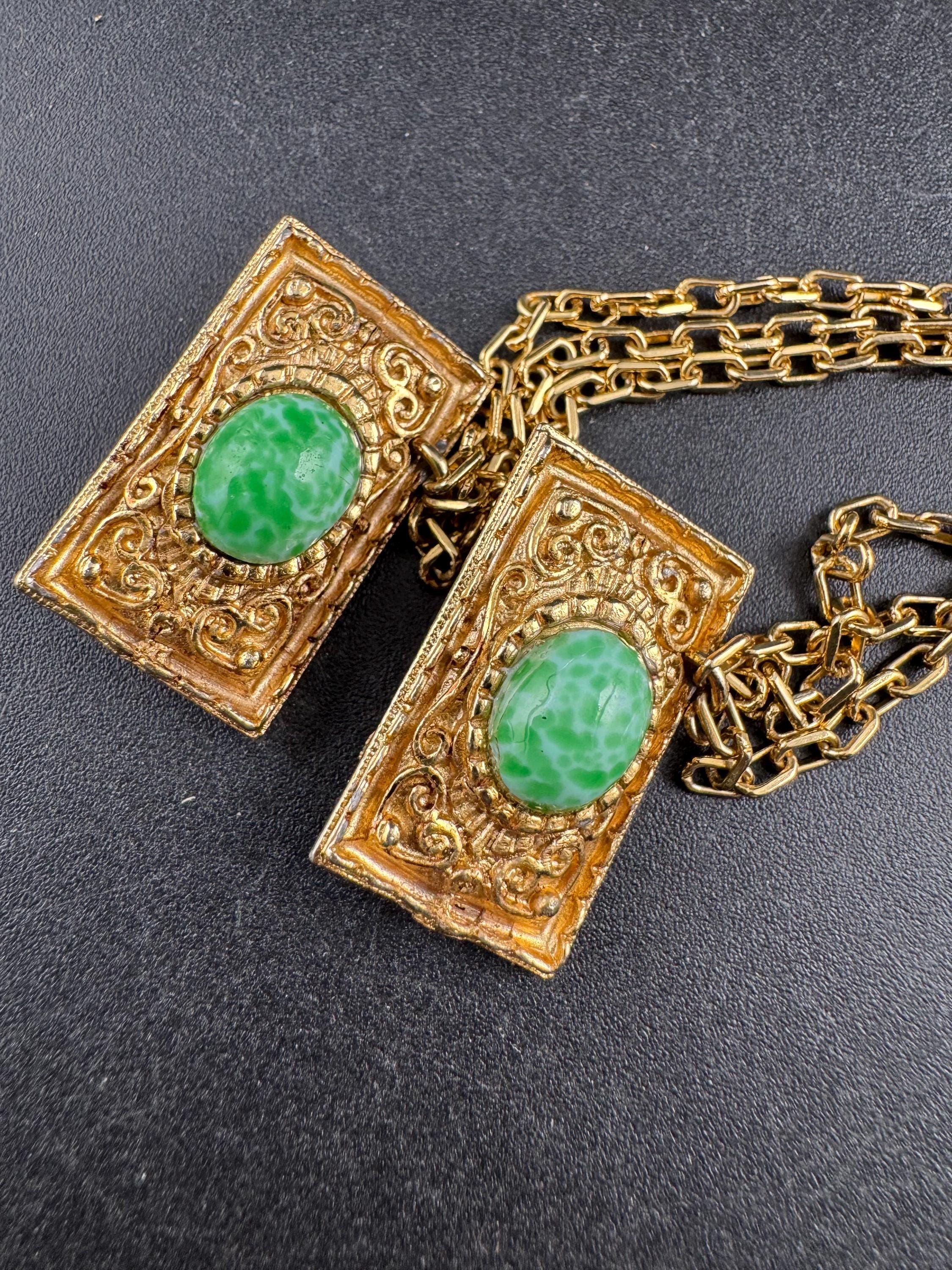 vintage peking glass double brooch, gold tone green cloak clips sweater guards