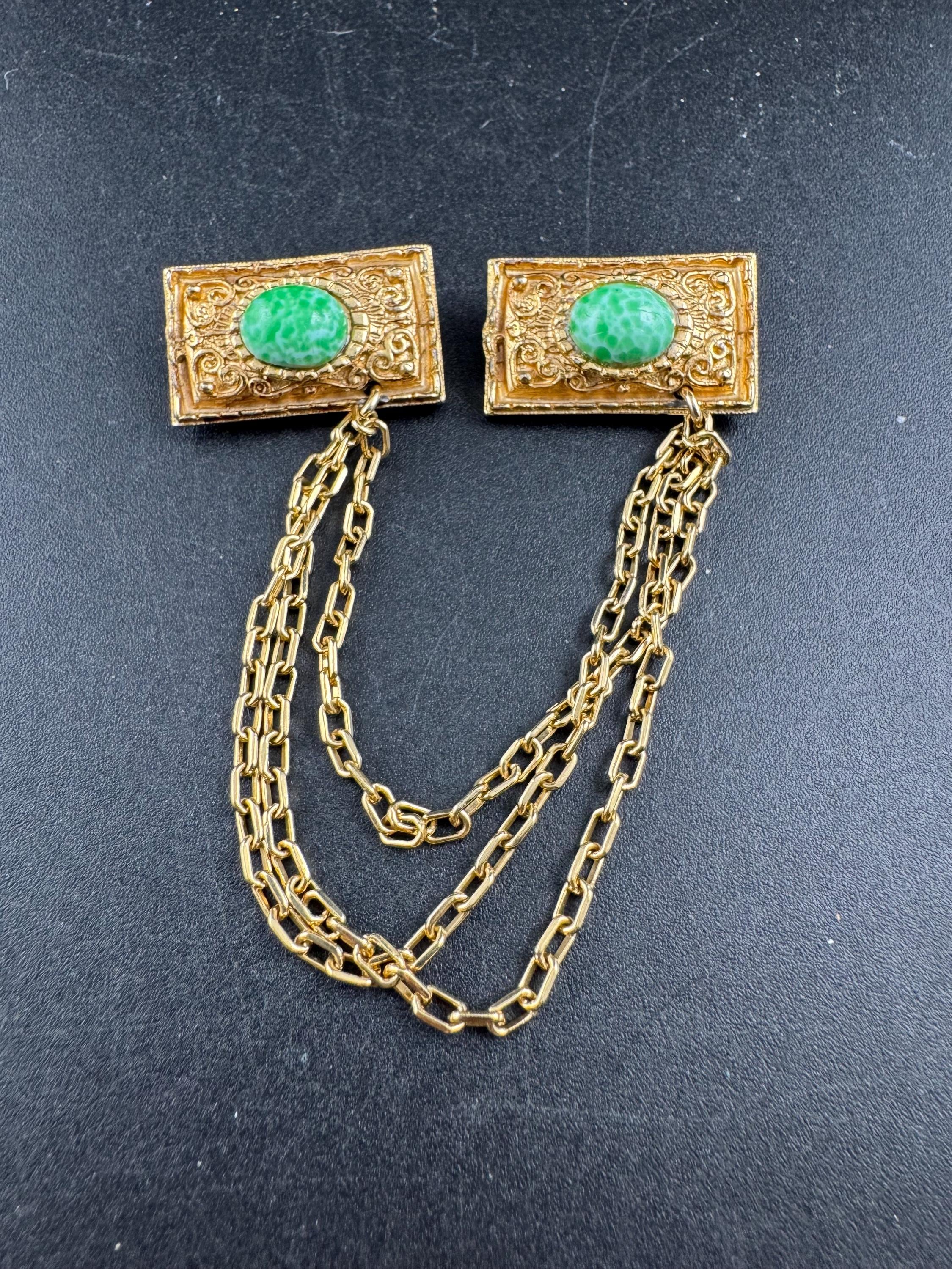 vintage peking glass double brooch, gold tone green cloak clips sweater guards