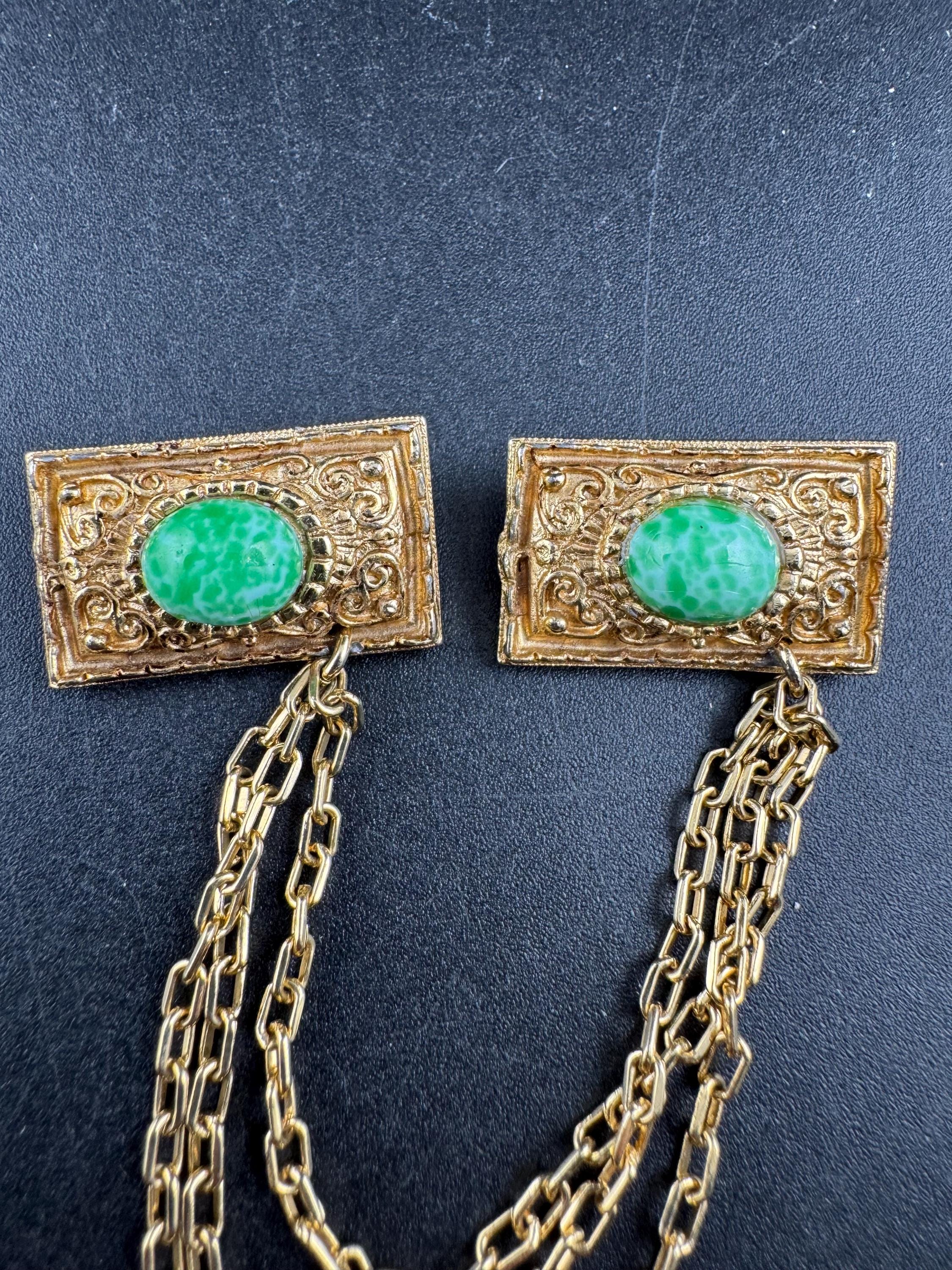 vintage peking glass double brooch, gold tone green cloak clips sweater guards