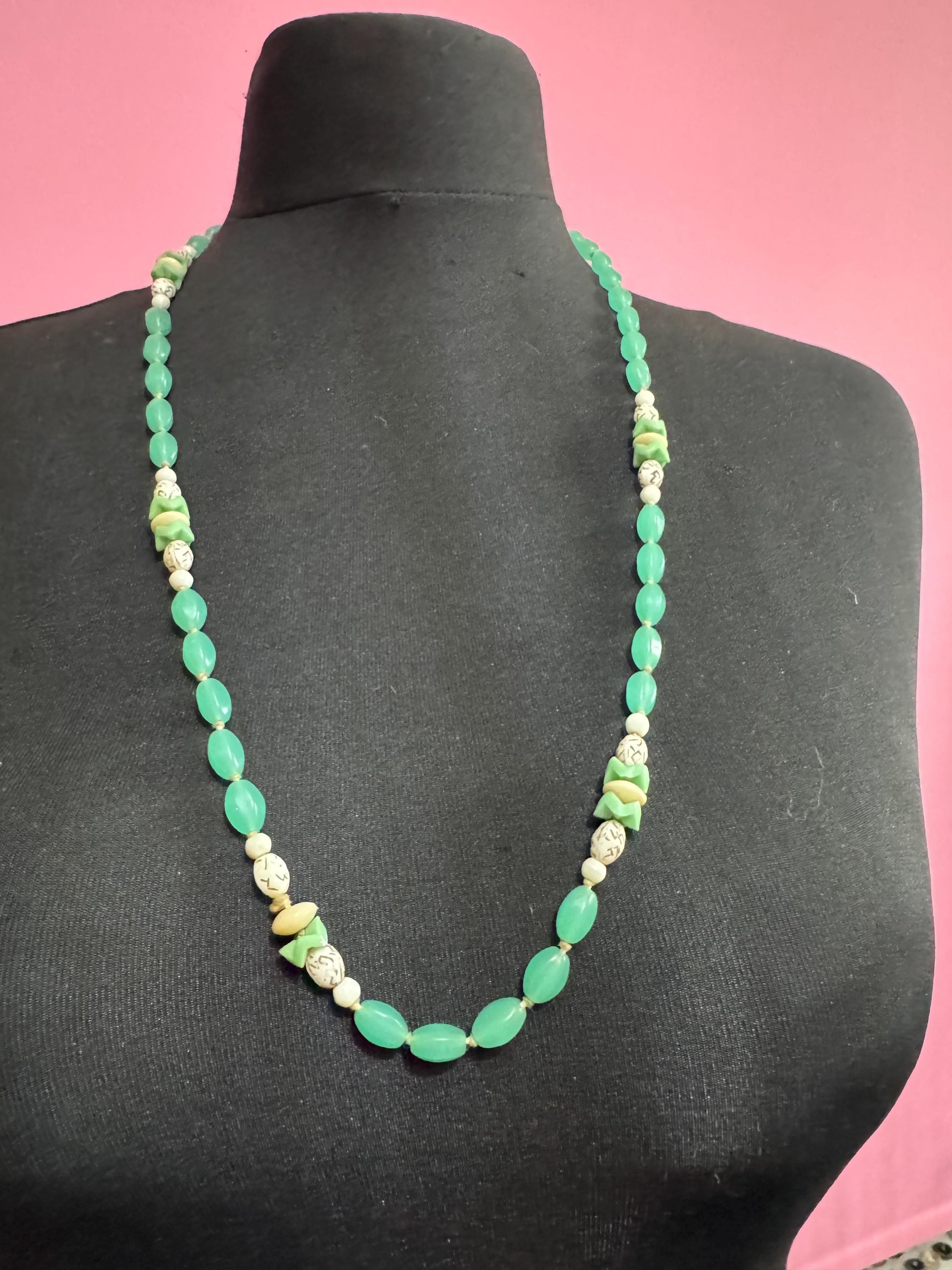 neiger UV beaded necklace, cream and green beads 80cm uranium glass