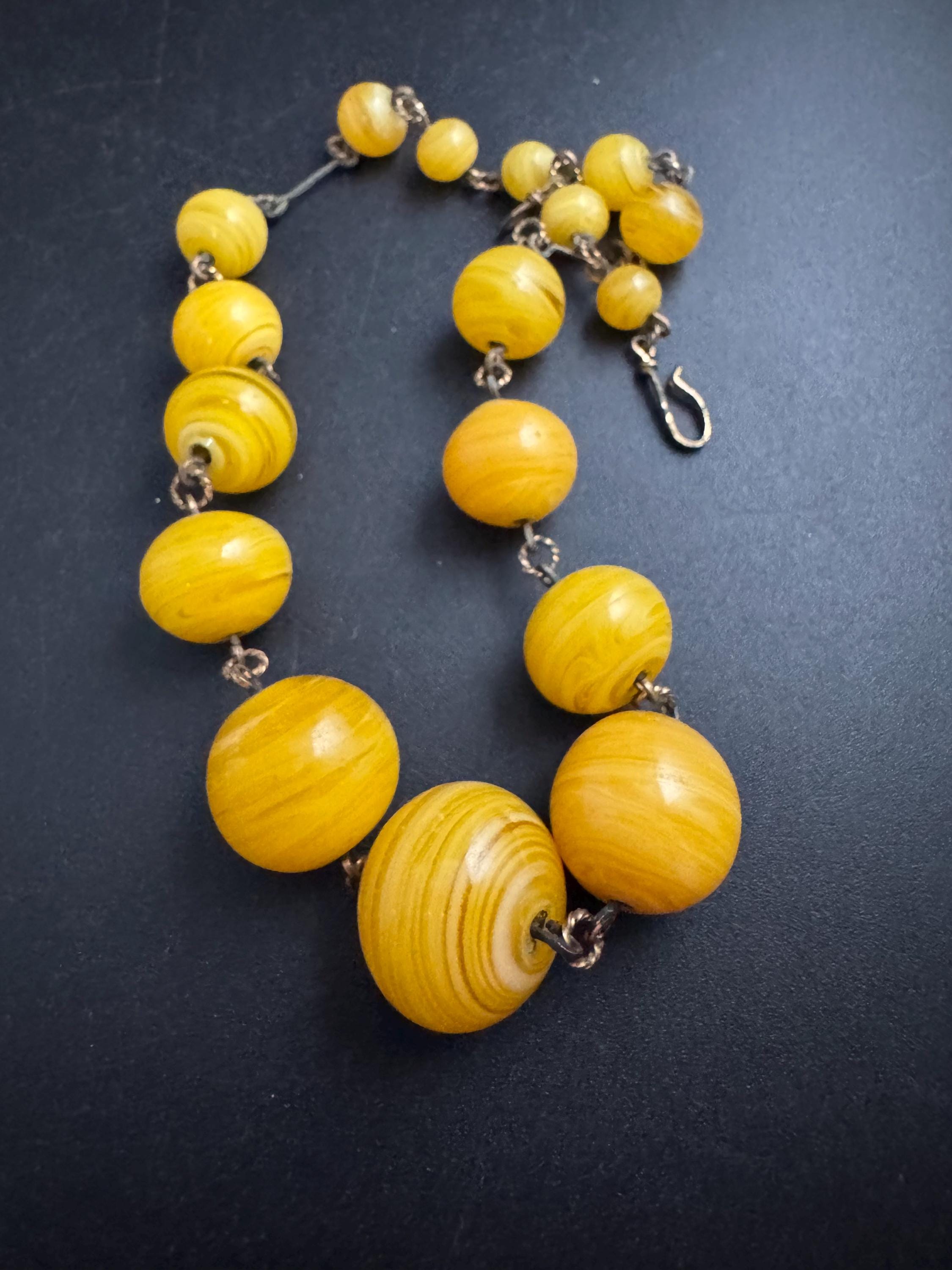 Uranium Czech lemon glass necklace,  yellow UV beaded short choker 40cm